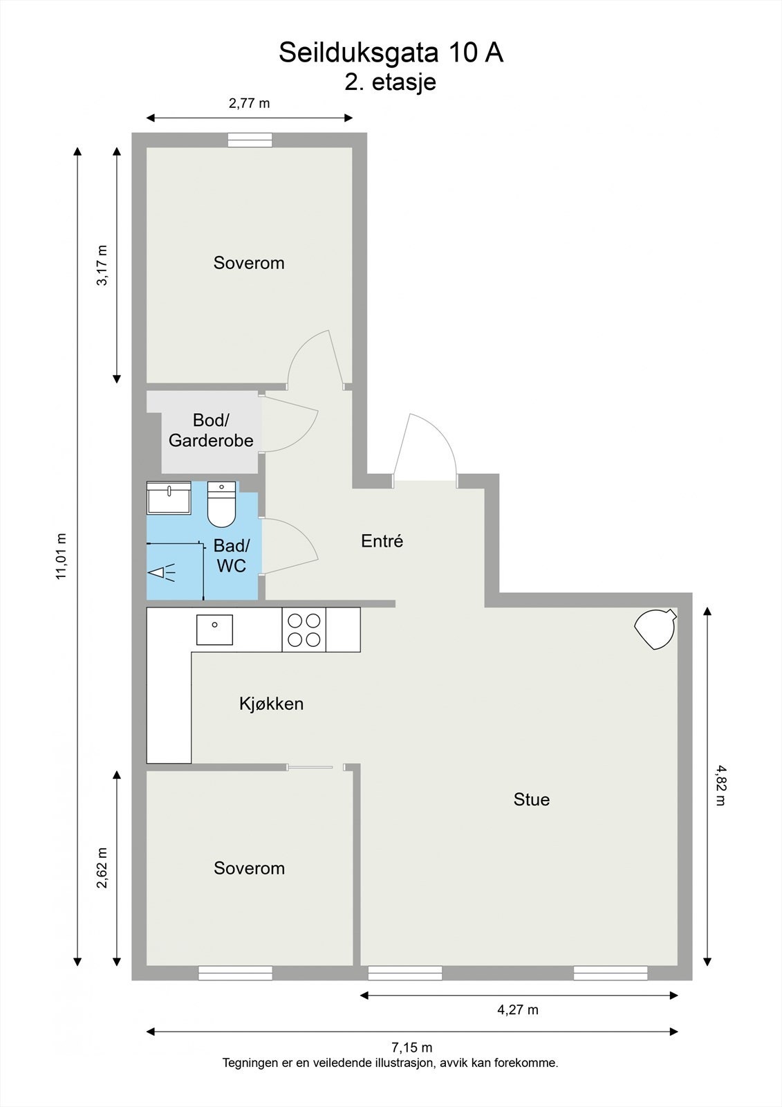 Leiligheten ligger i byggets 2.etasje og har en praktisk planløsning som inneholder entré, bod/garderobe, bad/wc, 2 soverom, kjøkken og stue. Leiligheten disponerer to boder, en loftsbod på ca. 2 m² og en kjellerbod på ca. 11 m². Galleribilde