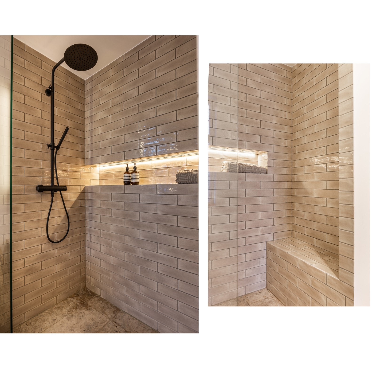 Lekkert bad i tilknytning hovedsoverom. Varmekabler i gulv. Jura Grey Natursteinsfliser på gulv og Self Seventies Taupe keramiske fliser på vegg i dusjnisje. Galleribilde