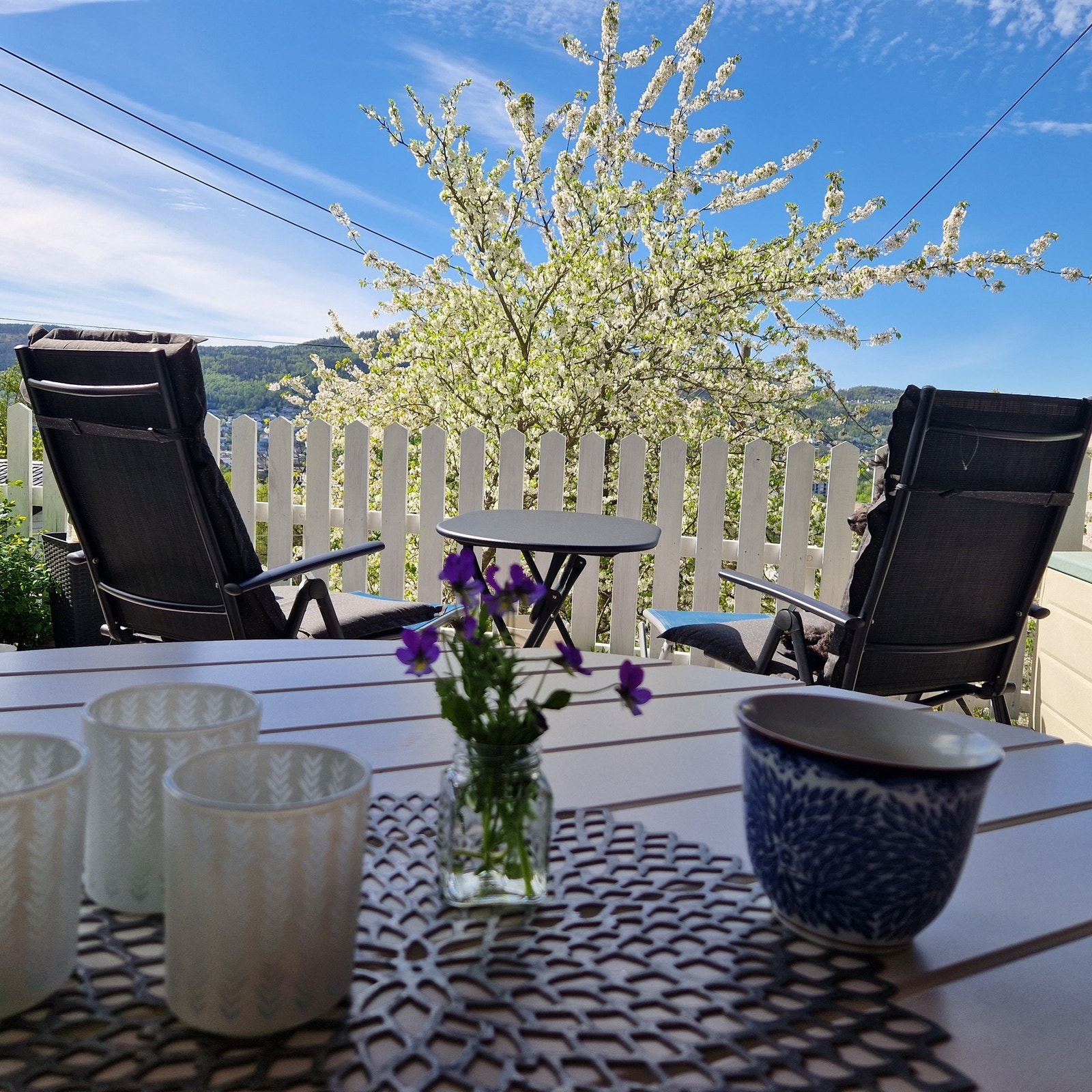 Nydelig blomstring om våren ved uteterrasse tilknyttet leiligheten. Treterrasse med Partytelt. Galleribilde