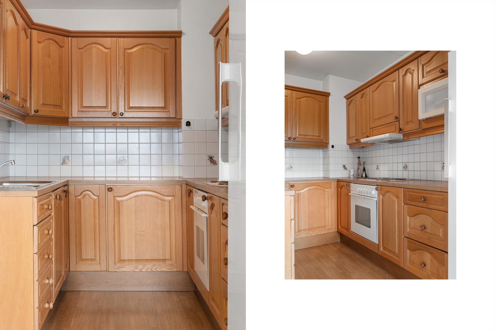 Klassisk, eldre kjøkkeninnredning med profilerte fronter og benkeplate av laminat. Galleribilde