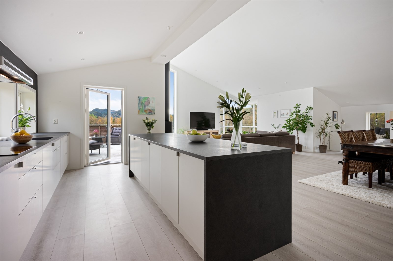 Fra stue/kjøkken er det direkte utgang til en romslig terrasse Galleribilde