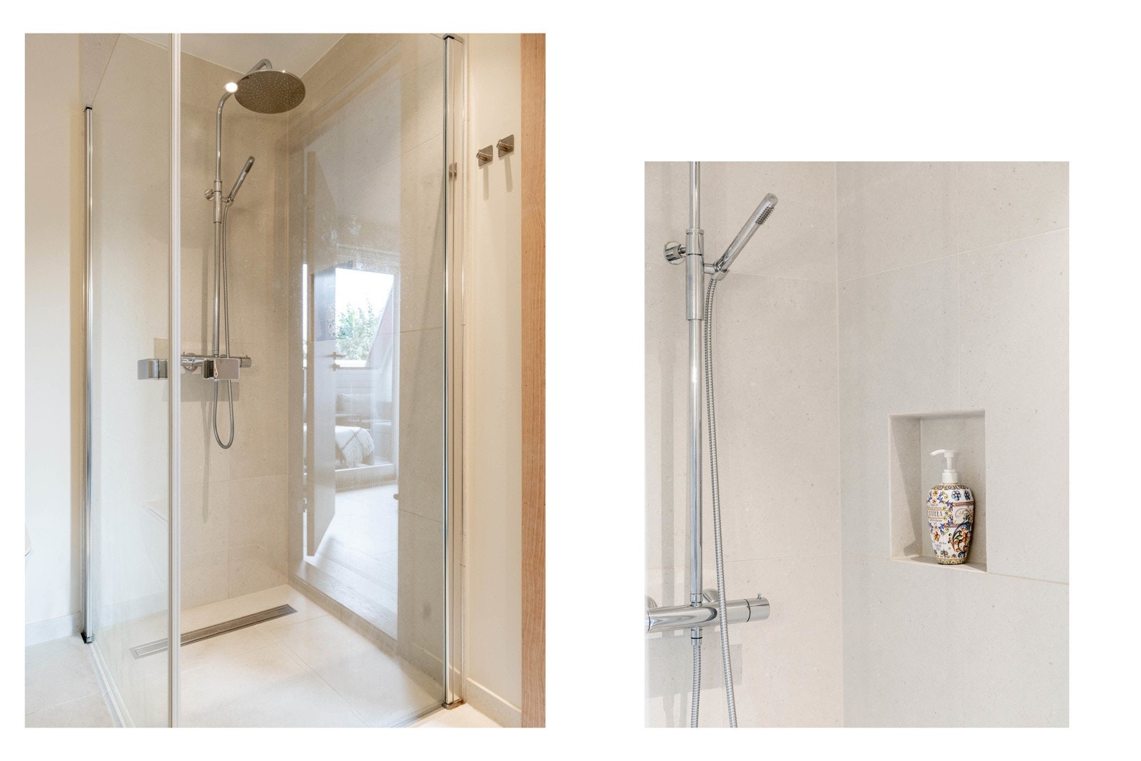 Det er innredet med dusjhjørne med glassdører, vegghengt toalett og servantinnredning med speil. Galleribilde