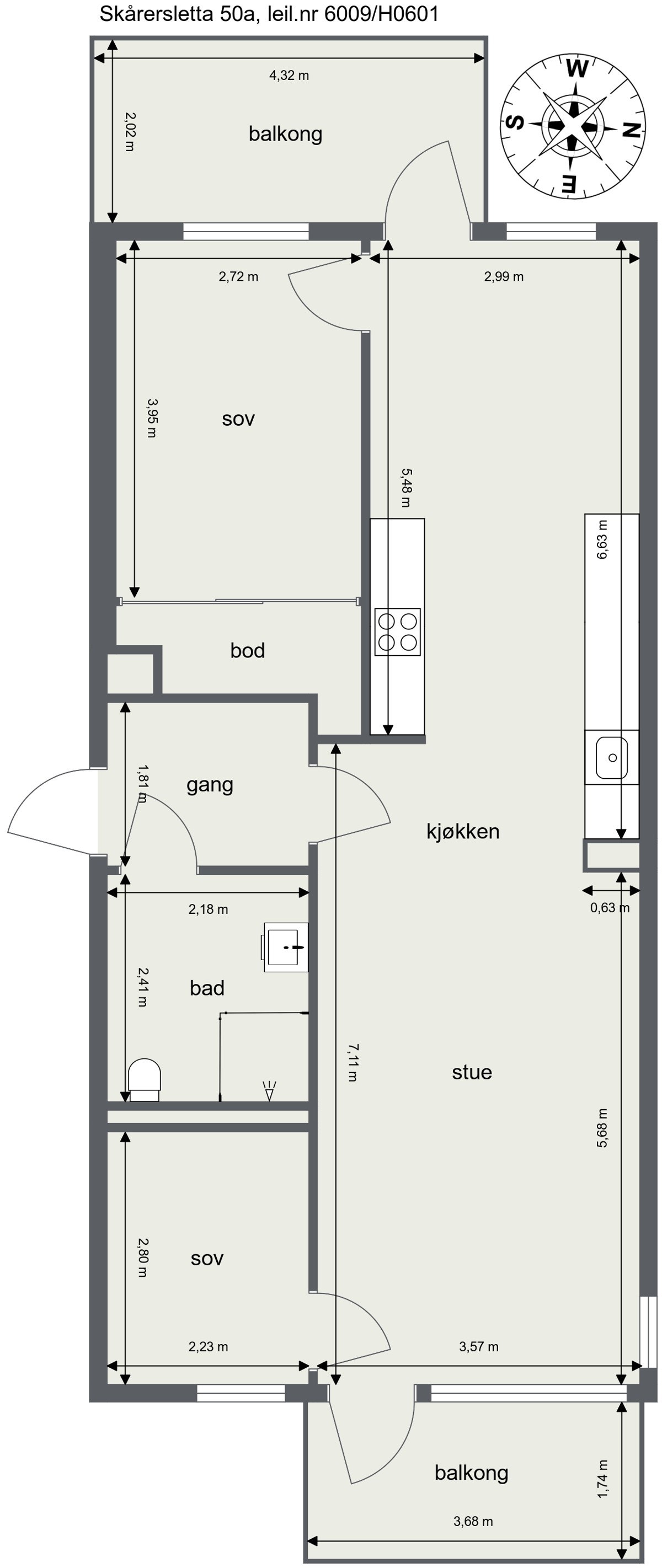 Innhold: Gang, stue/kjøkken, 2 soverom, walk-in closet og bad/wc. Galleribilde