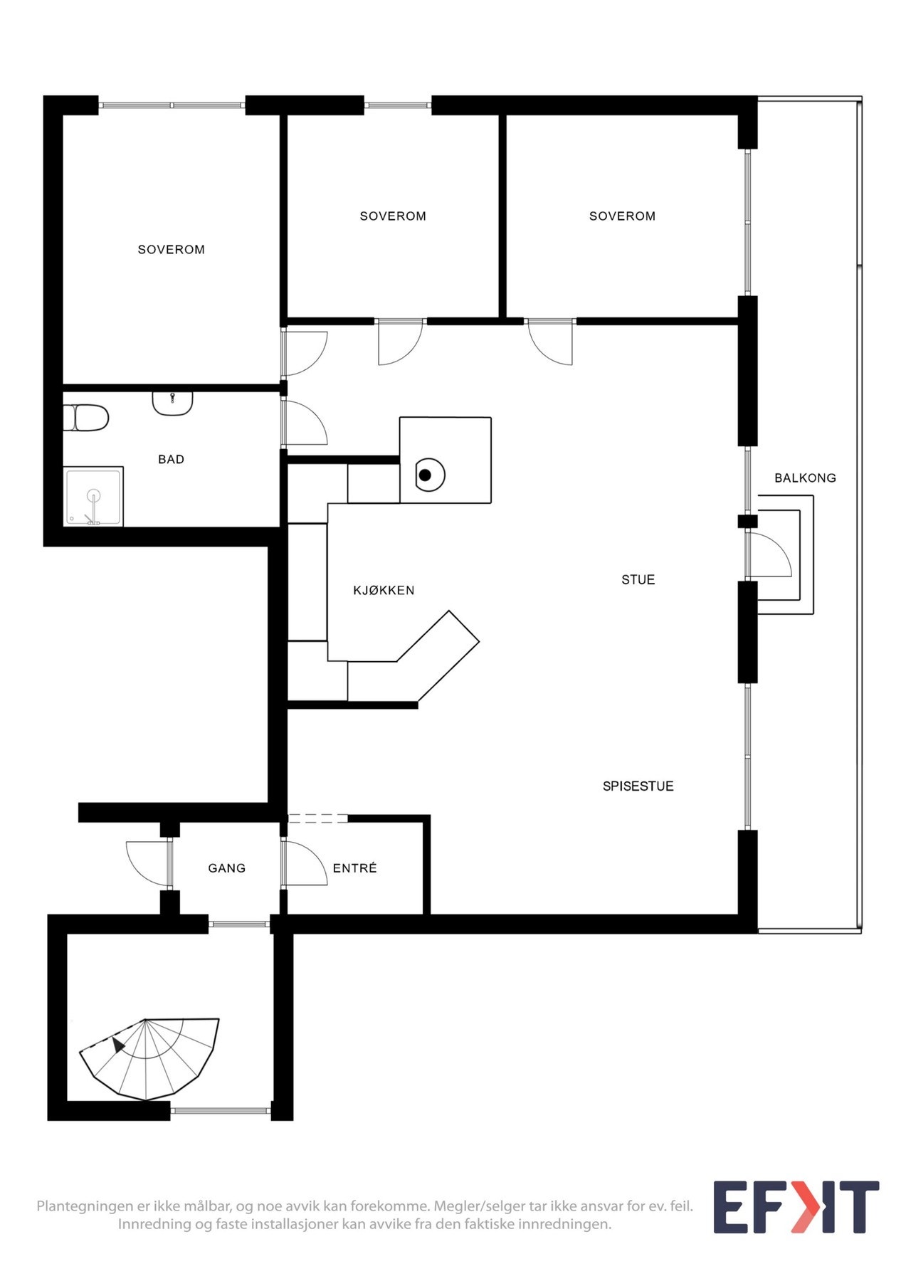 Alternativ plantegning - her med 3 soverom. Galleribilde