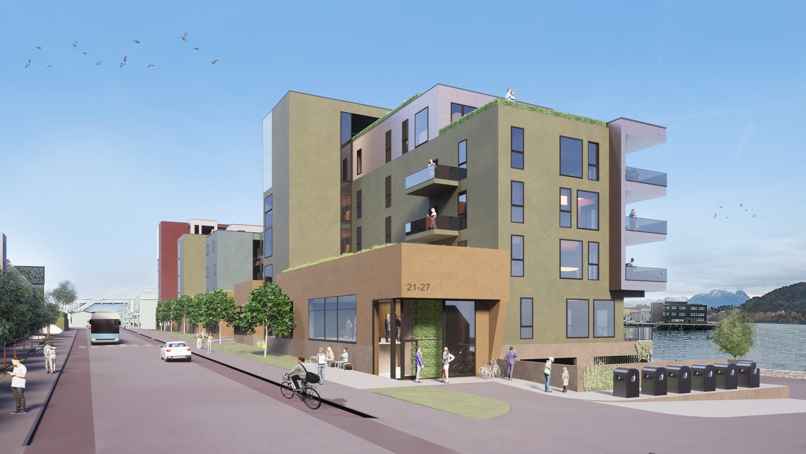 Illustrasjon sett fra Tonningsgate vest.Illustrasjon: Kibsgaard-Petersen. Galleribilde