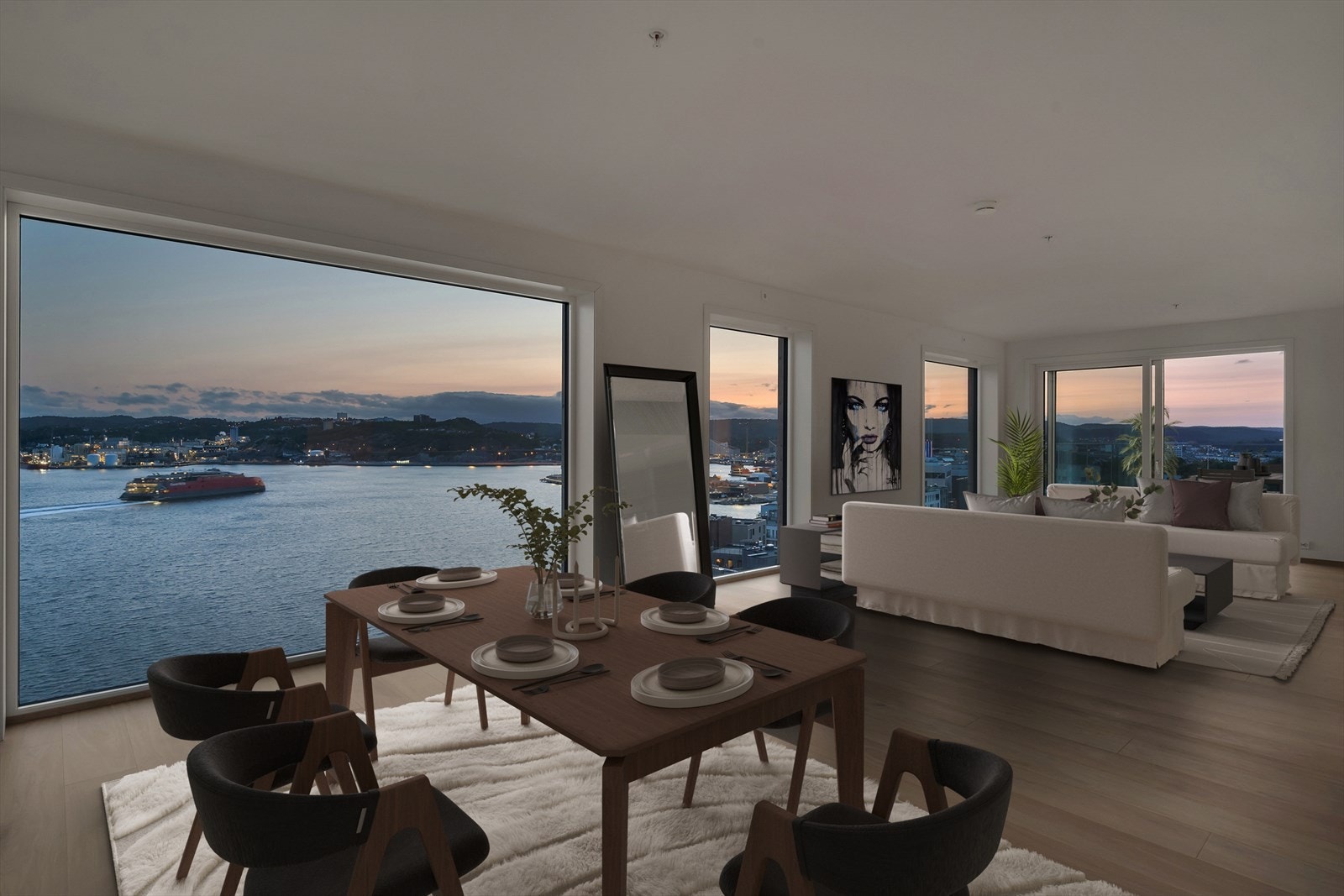 Sosialt allrom med åpen løsning mellom stue, spiseplass og kjøkken Galleribilde