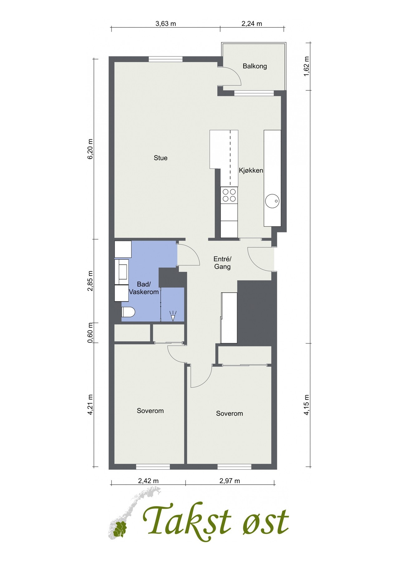 Plantegning av leiligheten. I tillegg disponerer leiligheten 2 boder, fellesarealer, vaskeri, sykkelparkering og treningsrom Galleribilde