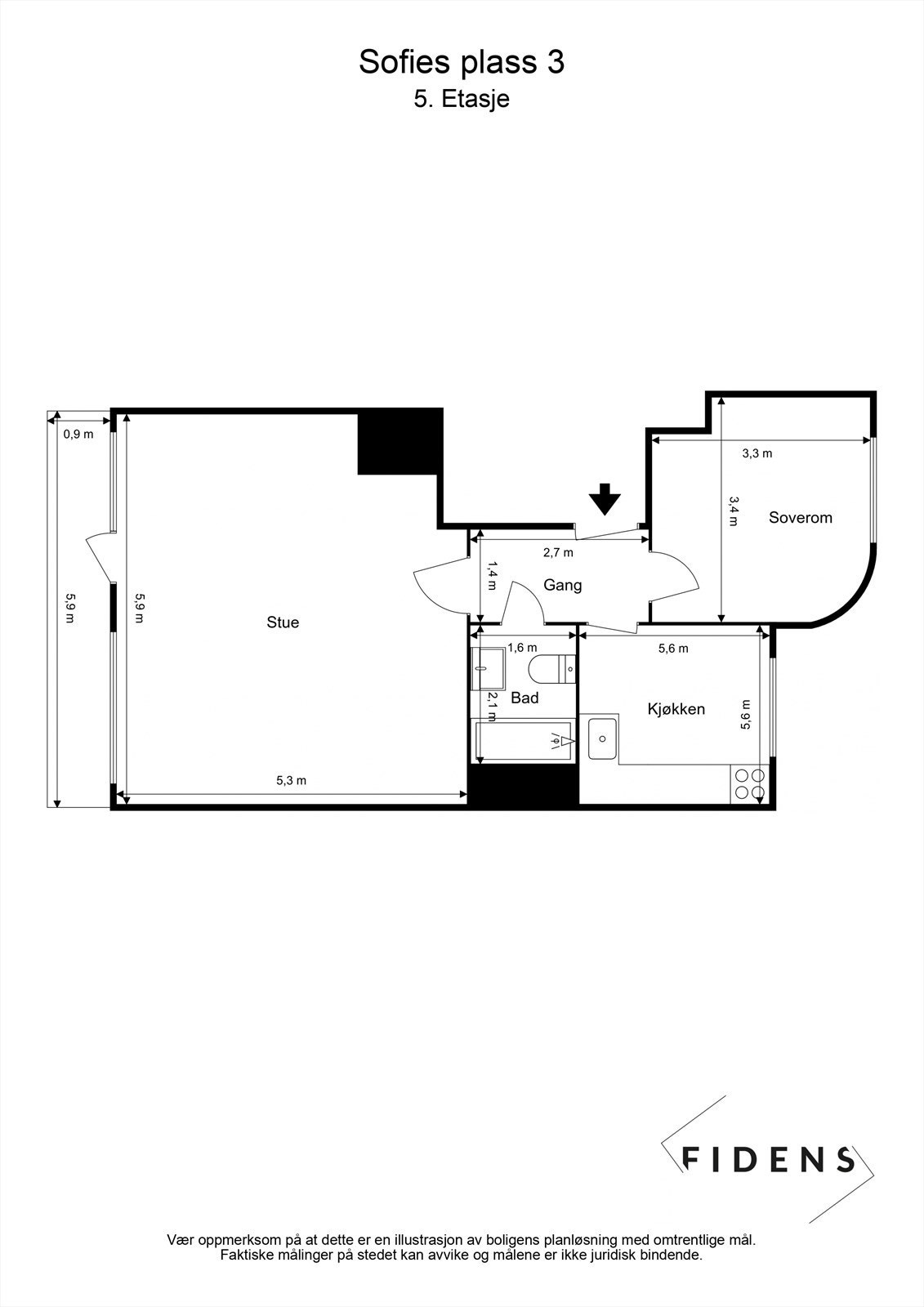 Plantegning andel 54 | 2- roms andelsleilighet med god planløsning | Brannbalkong | Moderniseringsbehov Galleribilde