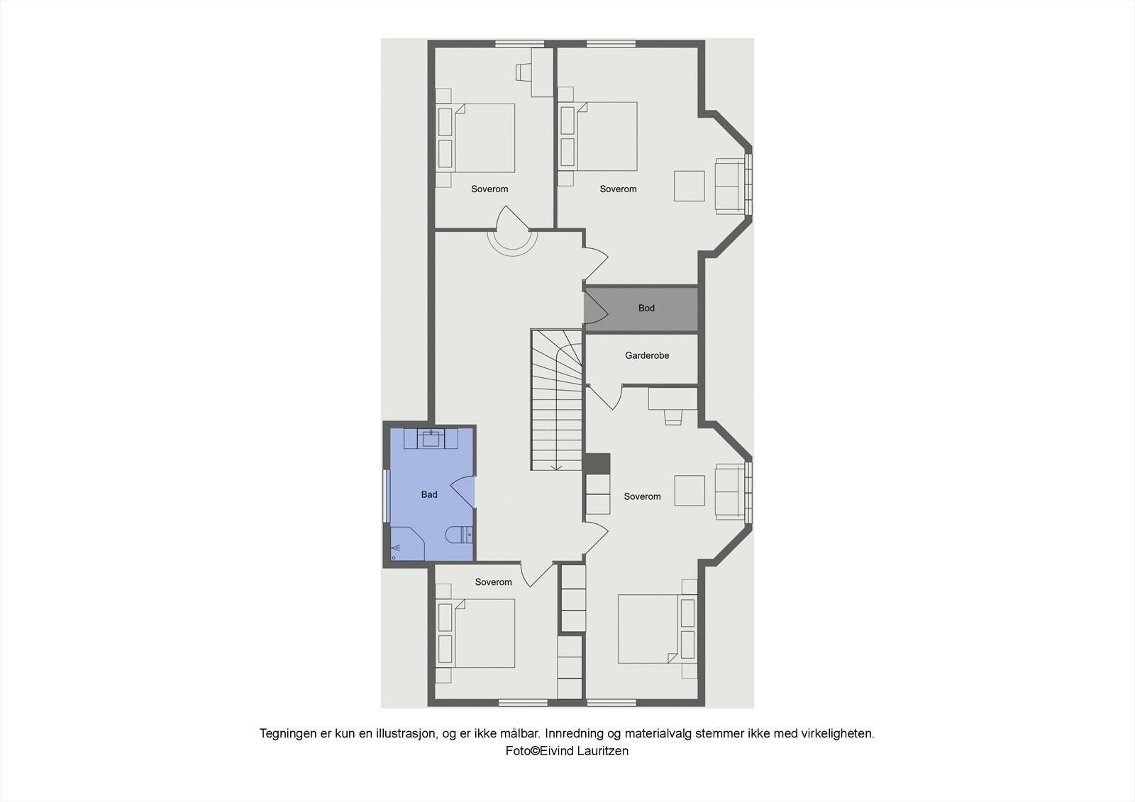 Loftsetasje med loftsstue, bad og 4 soverom – det største med walk-in closet. Barnas favoritt med egen TV-krok. Galleribilde