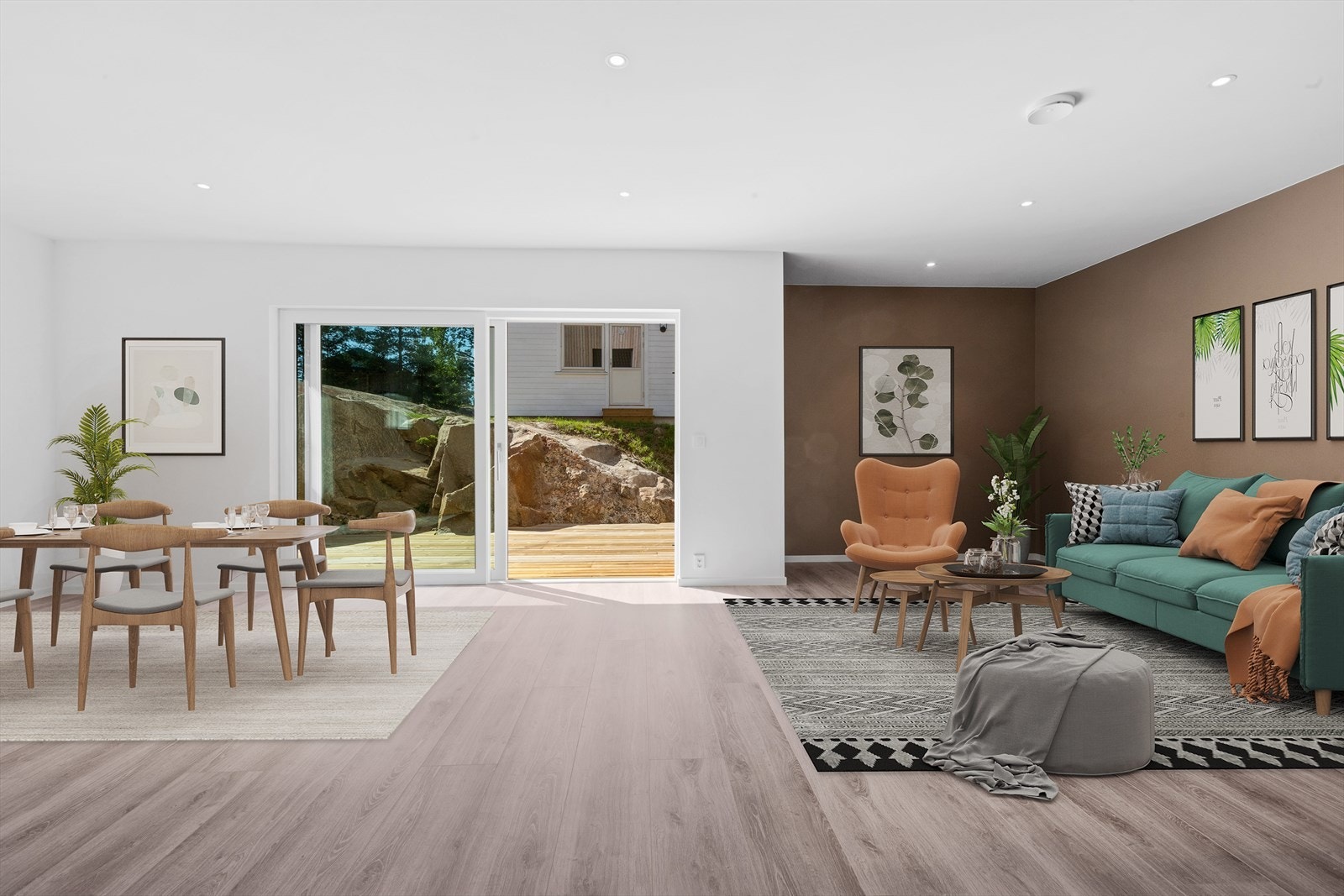 Bildet er digitalt stylet. Lyst og luftig oppholdsrom i hjertet av boligen. Galleribilde