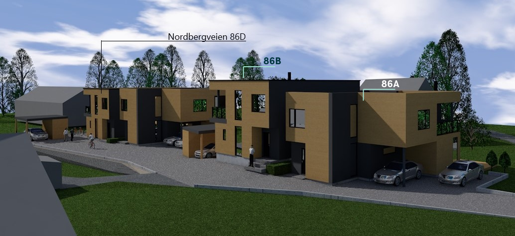 Skissen viser fremtidig bebyggelse - 86A er prosjektert til høyre for denne boligen. Galleribilde