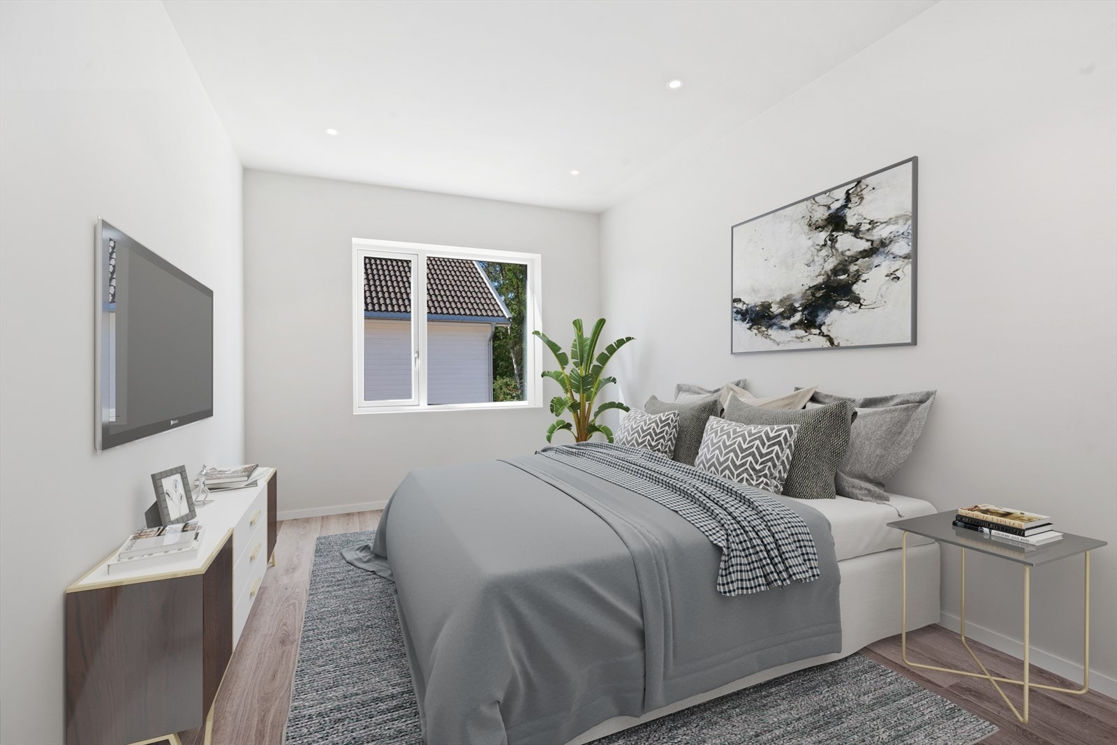 Bildet er digitalt stylet. Romslig hovedsoverom med plass til dobbeltseng. Galleribilde