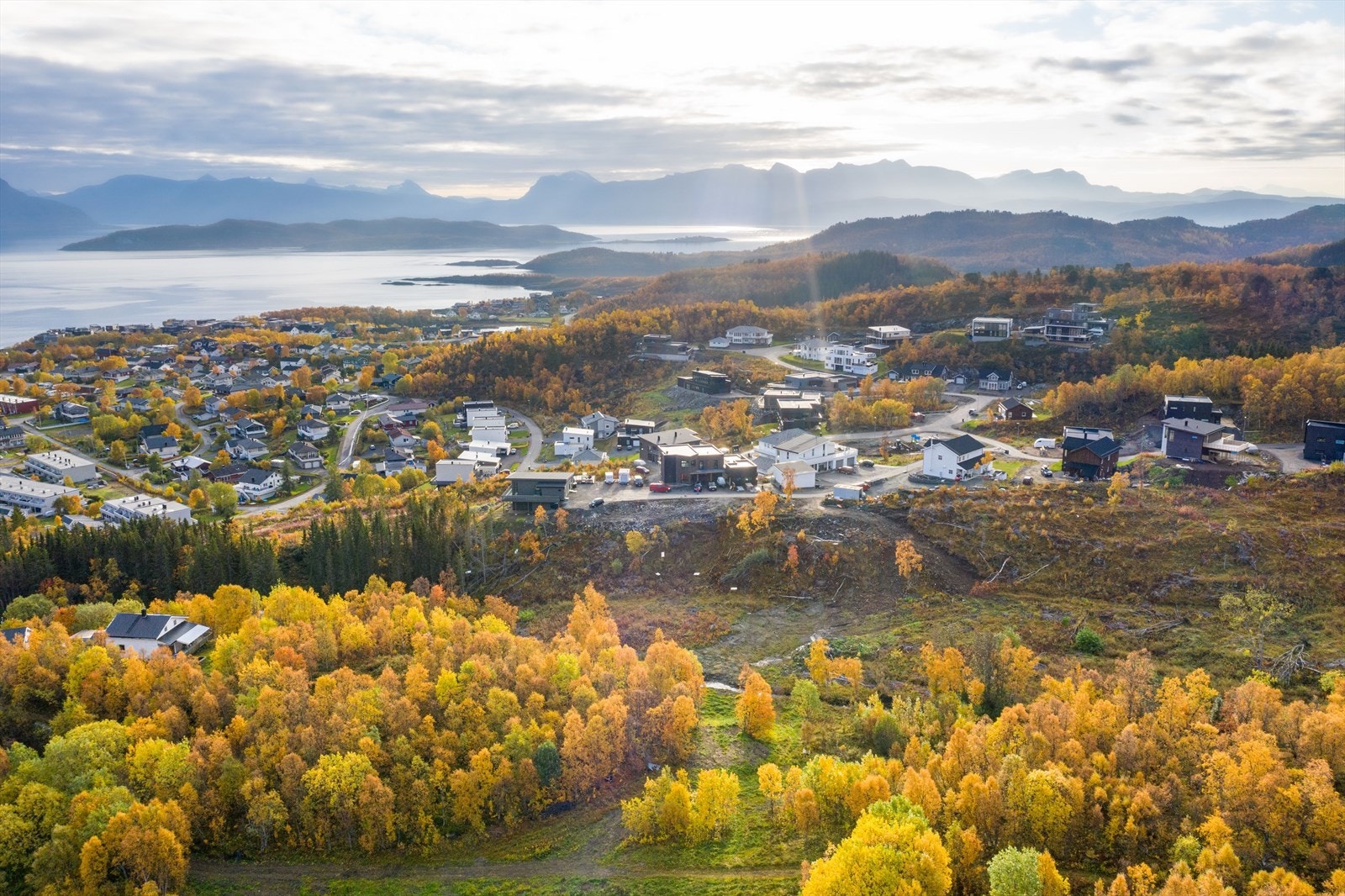 Bildet mot sør viser tomtene på åsryggen med gode utsikts- og kveldssolforhold. Galleribilde