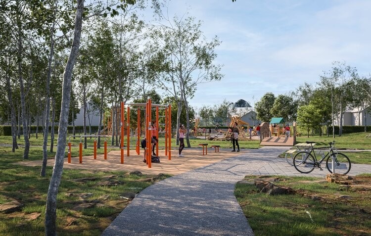 Illustrasjon fra planlagt lekeplass i naturparken som vil komme i Grønlia boligfelt. Galleribilde