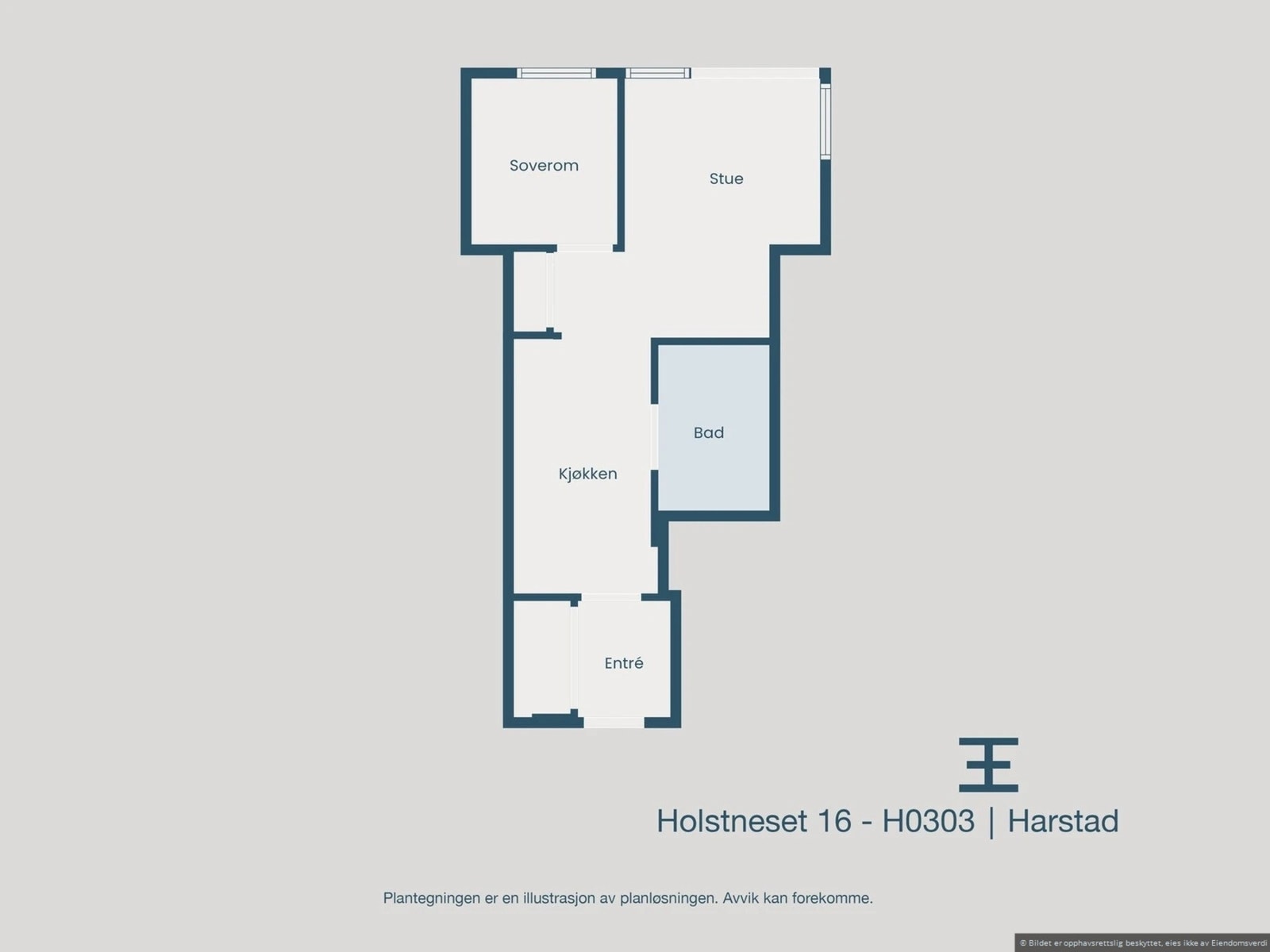 Illustrasjon plantegning, tilsvarende leilighet med soverom Galleribilde