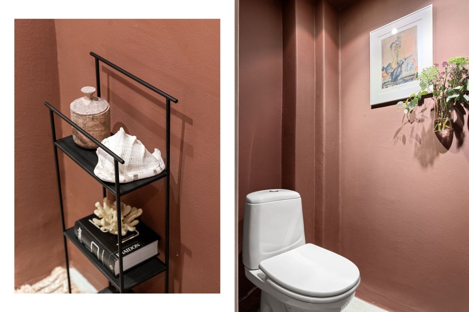 Separat toalettrom med gulvflate av malt betong, veggflater av malt mur og gulvstående toalett oppgradert i 2021. Galleribilde