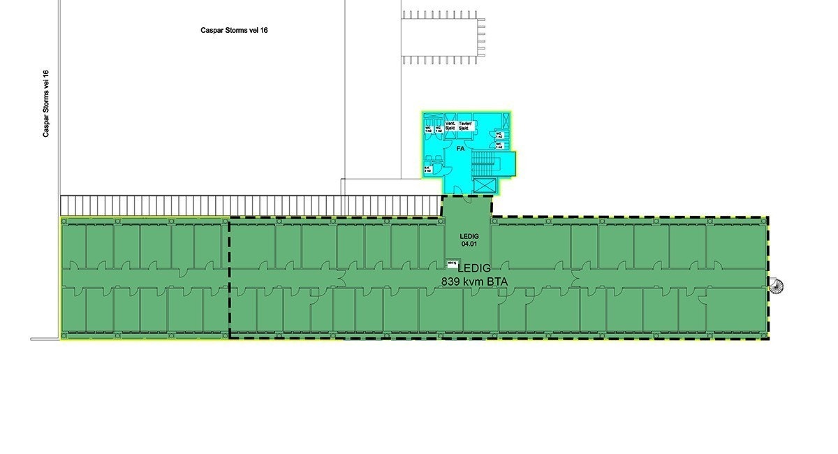 Plantegning 4. etasje - mulighet for leie av enkeltkontorer fra 20 kvm BTA til kontorareal på 839 kvm BTA Galleribilde