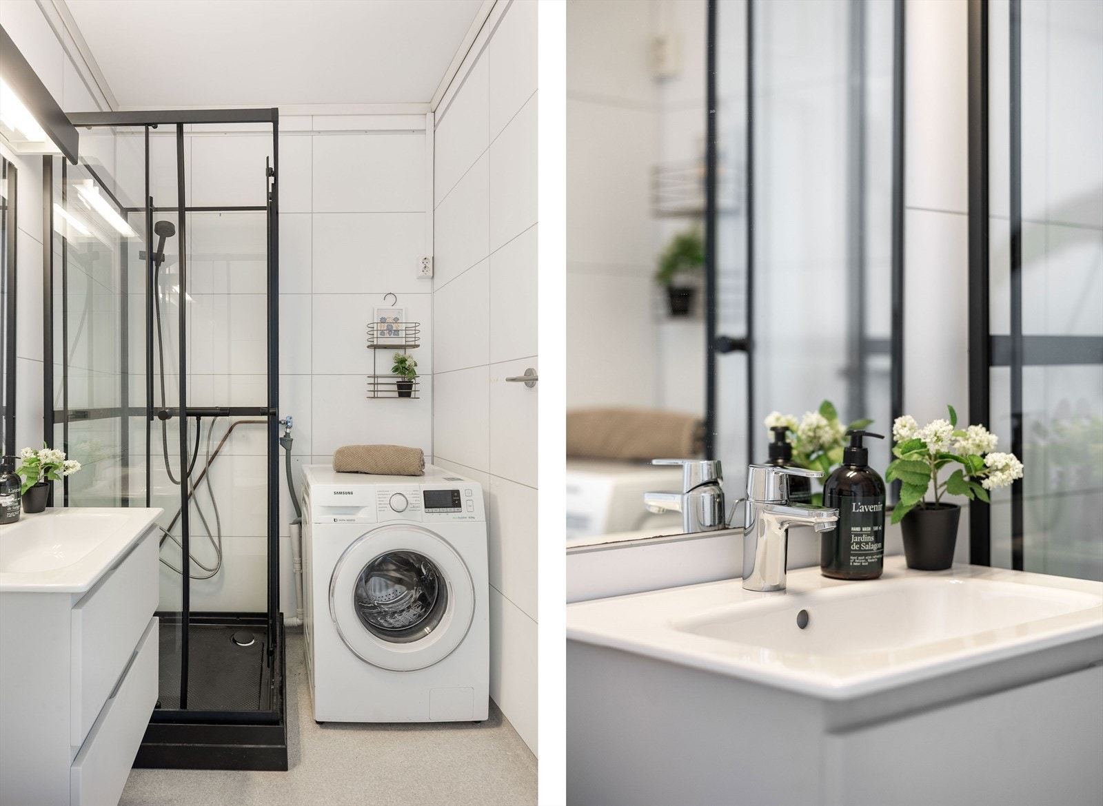 Pent bad med belegg på gulv, våtromsplater på vegger og lysmalt himling. Galleribilde