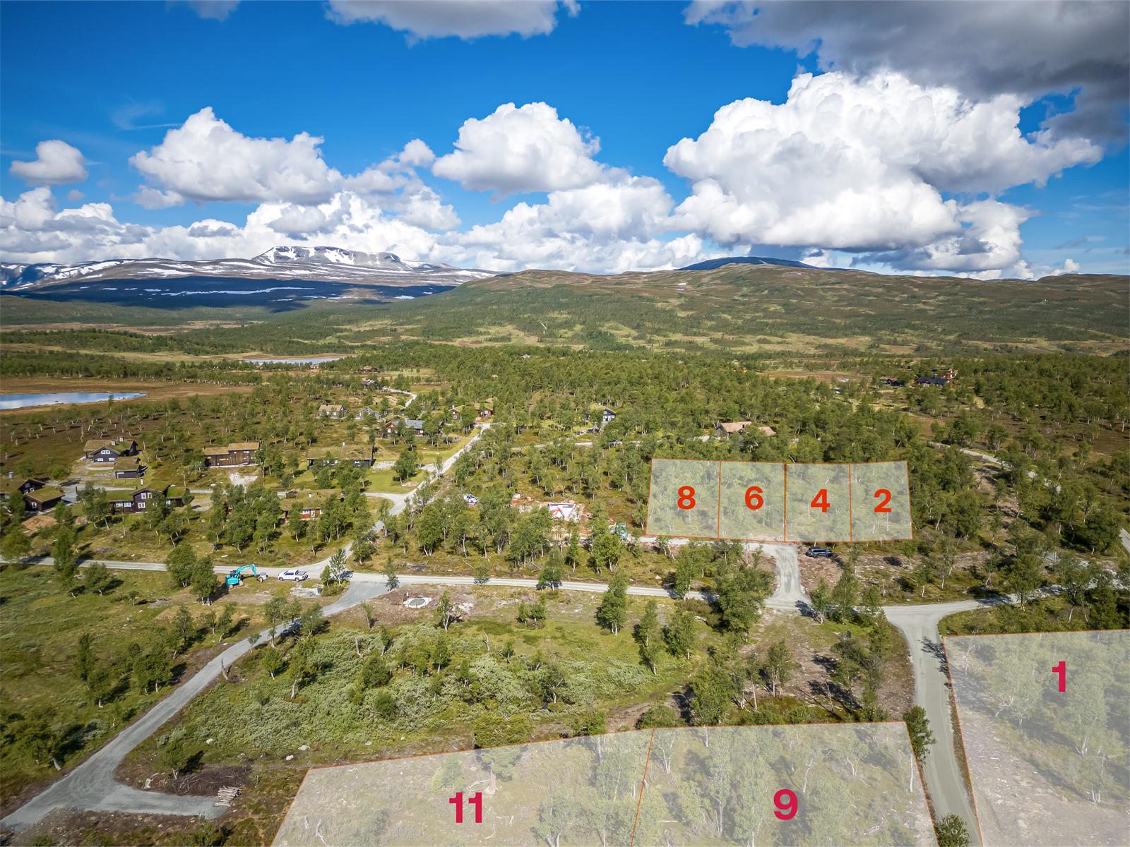 Tomtenes plassering i terrenget. Kun en illustrasjon, se vedlegg til salgsoppgaven for nøyaktig plassering. Galleribilde