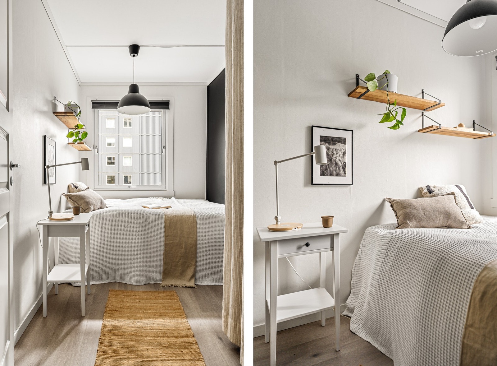 Vegger og tak er malt i lyse farger og en kontrast vegg i sort som gir en rolig og behagelig atmosfære. Galleribilde