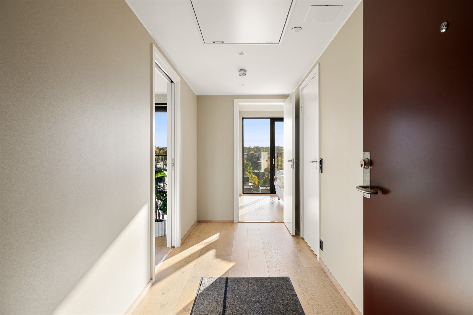 Med skyvedør kan stuen lukkes av mot gangen der soverommet og badet er samlet. Galleribilde