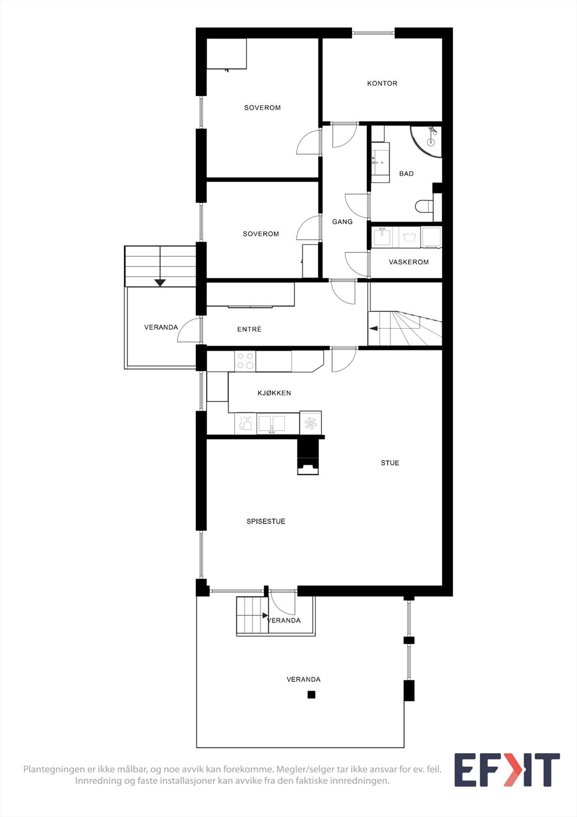 Plantegningen for første etasje viser en arealeffektiv løsning med tre soverom og åpen stue-kjøkkenløsning. Galleribilde