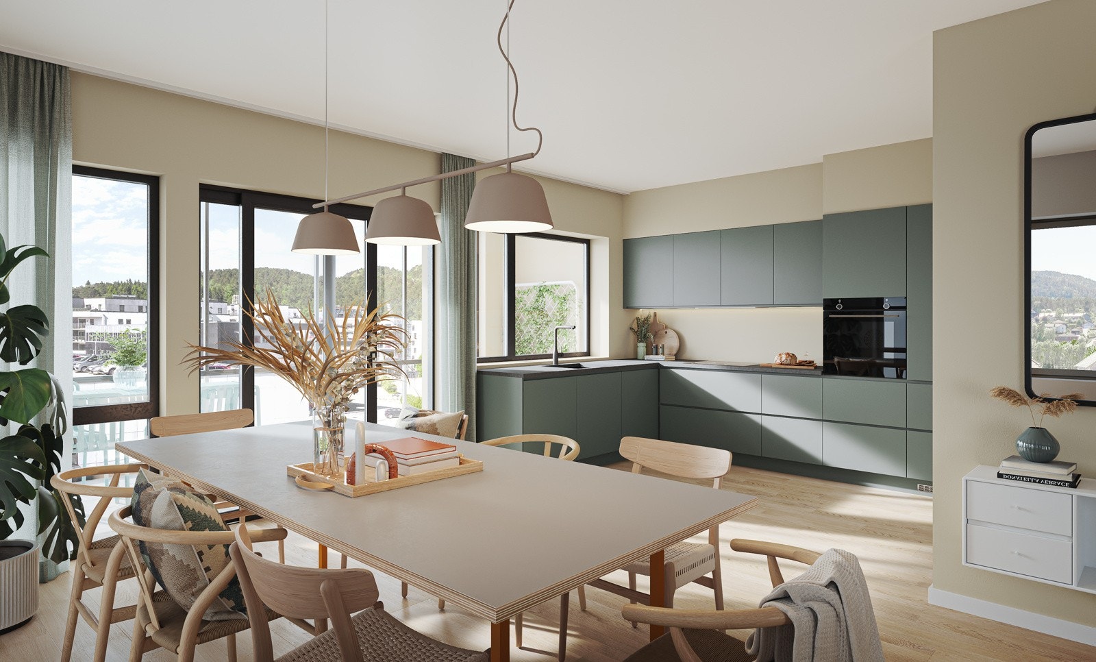 - Denne løsningen har en gyllen og sprek fargepalett der gultoner er kombinert med kjølige turkise toner og et lyst tregulv - Galleribilde