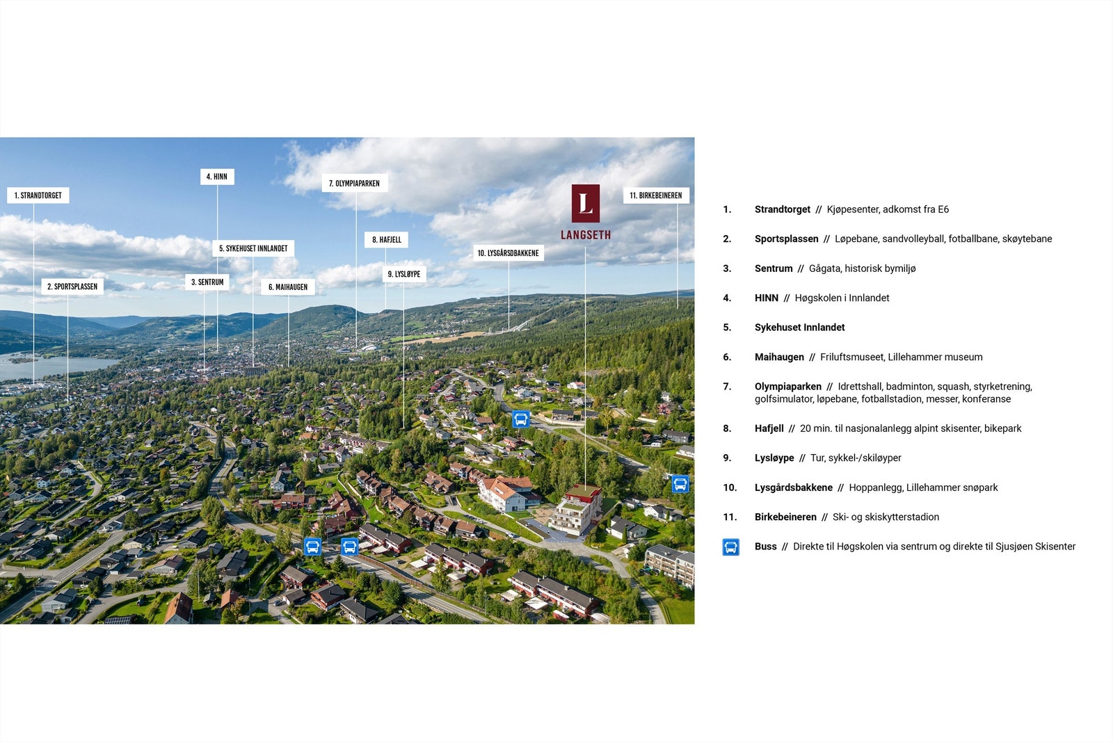 De nye leilighetene på Langseth blir liggende ca. 2 km sør for Lillehammer sentrum i et attraktivt boligområde uten gjennomgangstrafikk. Galleribilde