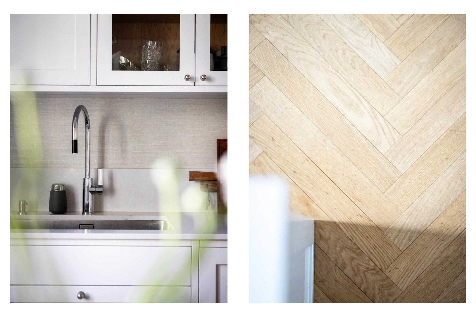 En vakker fiskebensparkett med vannbåren varme skaper en sømløs overgang mellom kjøkkenet og stuen