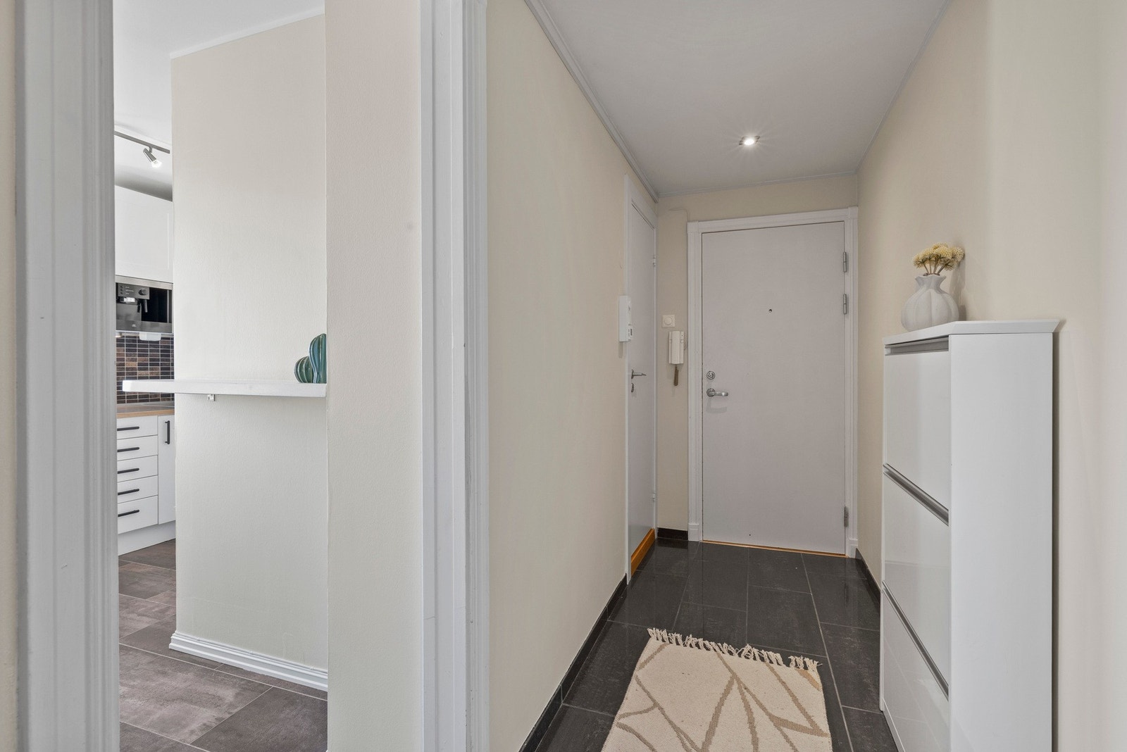 Inngangspartiet er flislagt og utstyrt med skoskap. Galleribilde