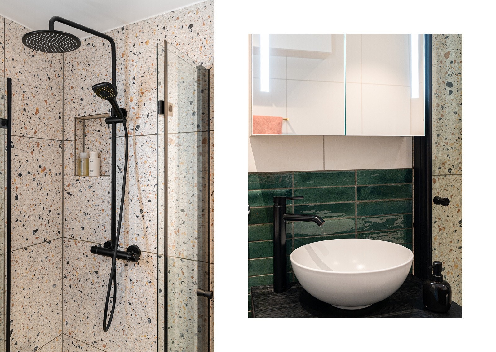 Badet er utstyrt med dusjvegger av glass og dusjgarnityr på vegg, vegghengt toalett, innredning med servant, speilskap og opplegg for vaskemaskin (Kran og avløp). Galleribilde