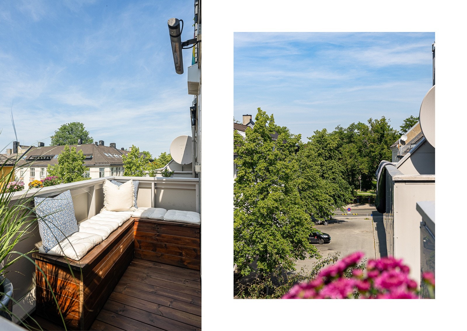 Ute på balkongen er det lagt ny platting i 2022, malt gelender, samt laget plassbygde sittekasser. Installert stikkontakt og terrassevarmer. Galleribilde