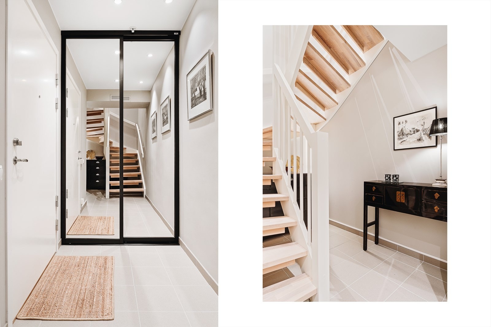 Entréen på 8,9 m² danner et ryddig og praktisk førsteinntrykk. Her er det montert en skreddersydd Elfa skyvedørsgarderobe som både gir rikelig lagringsplass og et stilrent preg. Perfekt for å holde yttertøy og sko organisert fra første steg inn i hjemmet. Galleribilde