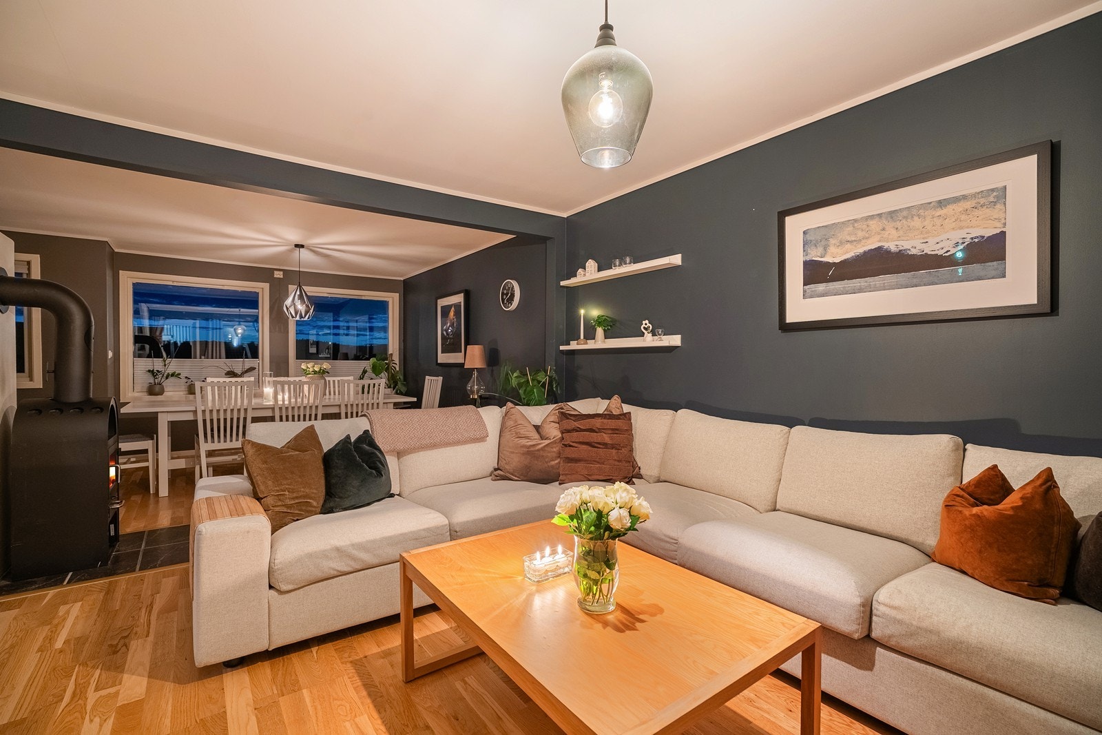 Lun og flott stue med peisovn Galleribilde