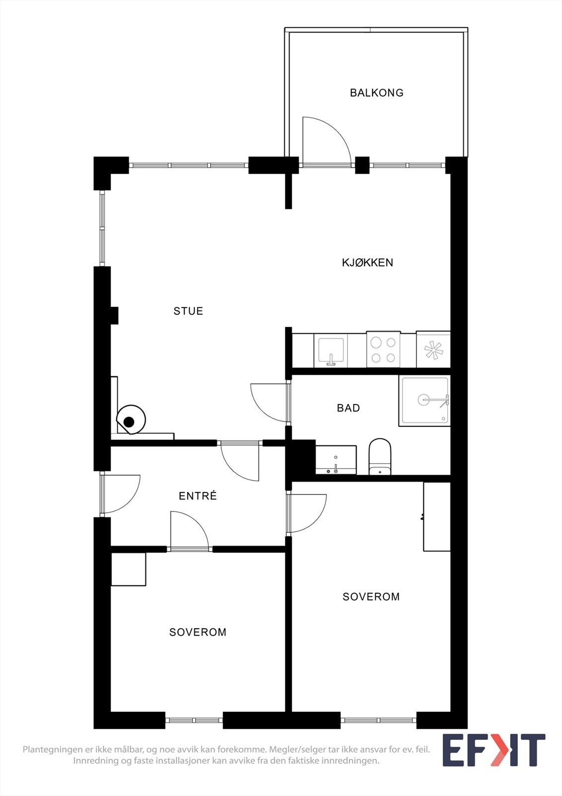 Plantegningen viser en arealeffektiv leilighet med to soverom, bad og en åpen stue- og kjøkkenløsning. Galleribilde