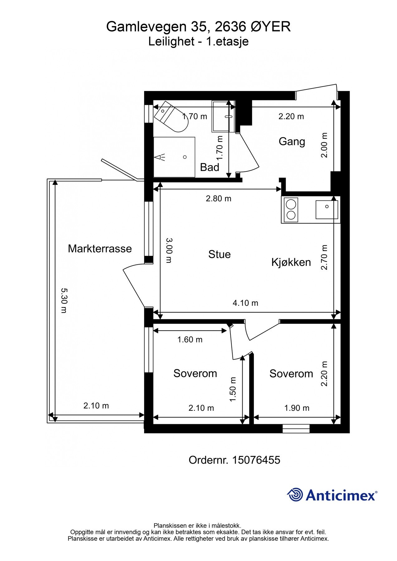 Leiligheten inneholder: Gang, bad, 2 soverom og stue
med åpen kjøkkenløsning. BRA-i: 30m2. Galleribilde