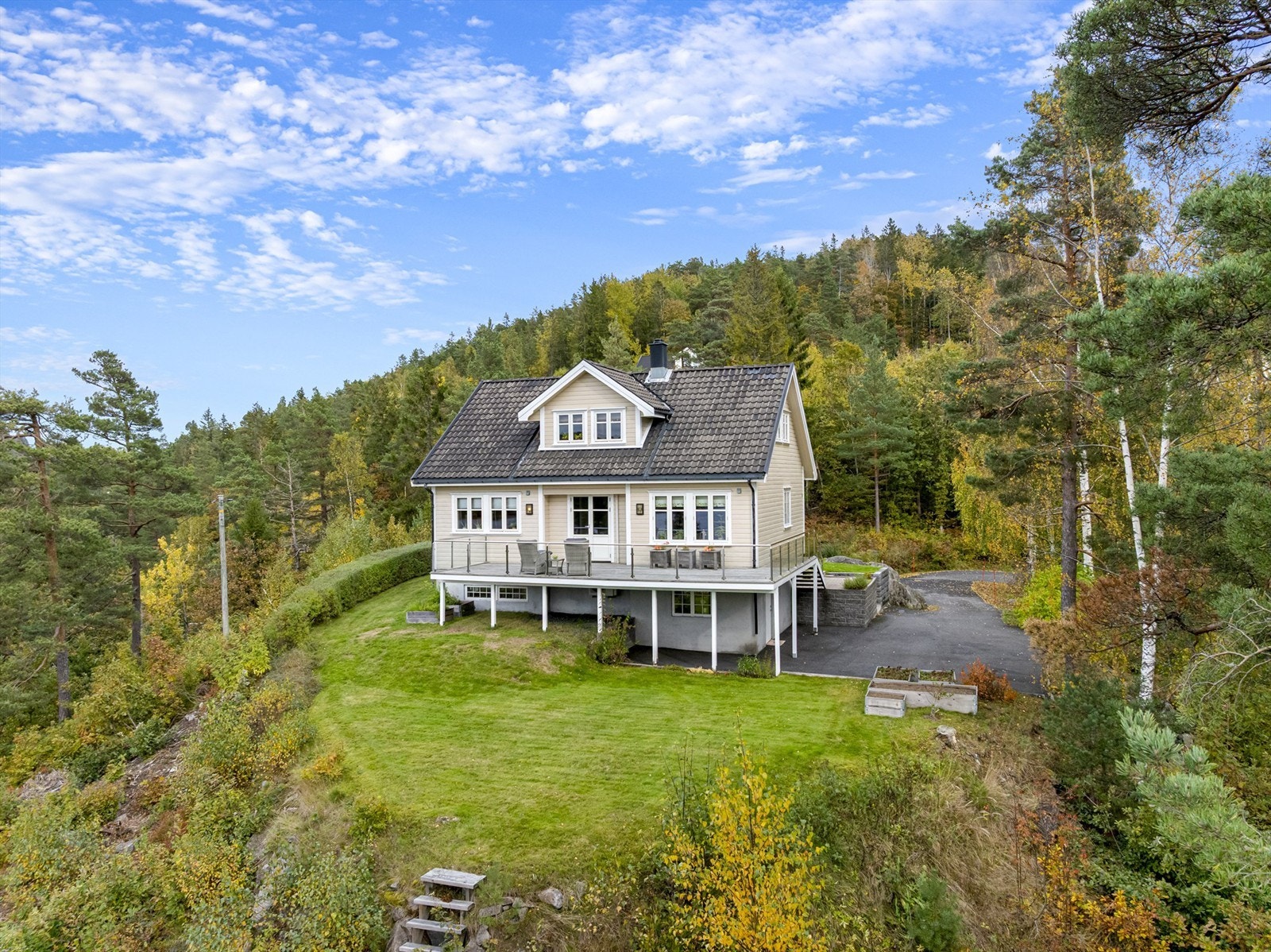 Flott beliggenhet uten innsyn. Asfaltert innkjørsel og stor hage med plass til lek og moro. Galleribilde
