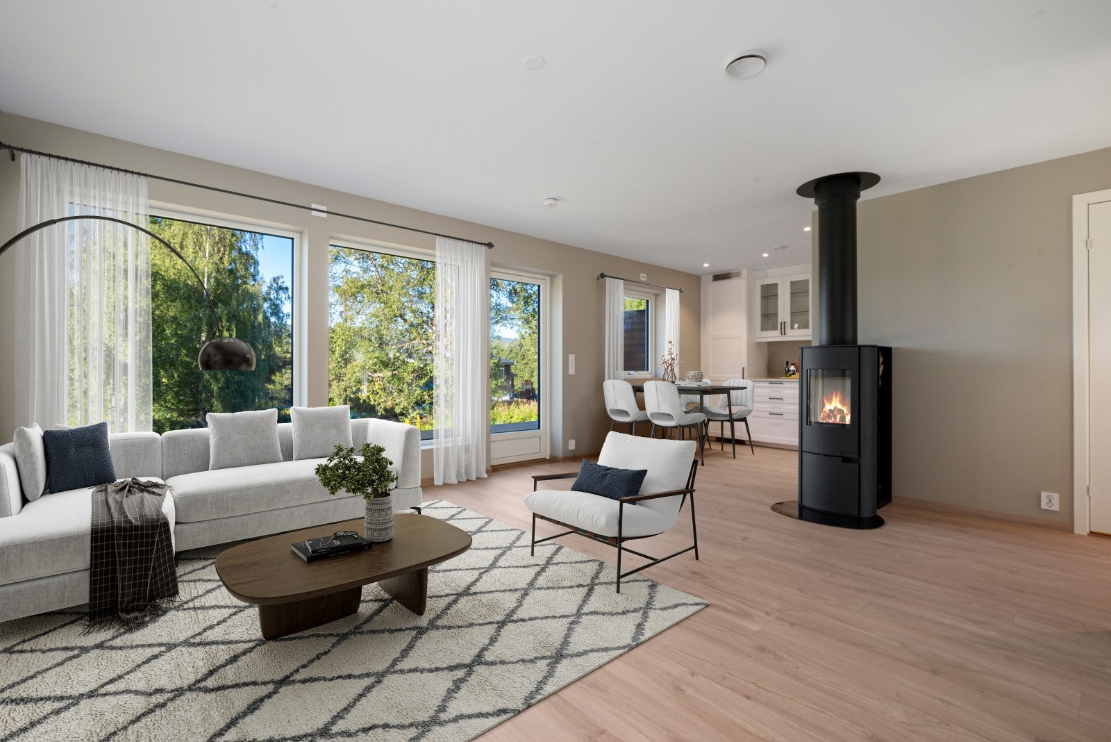 Stue/kjøkken utgjør et all-rom på ca. 29 kvm, og byr på gode vindusflater med direkte utgang til terrassen. Galleribilde