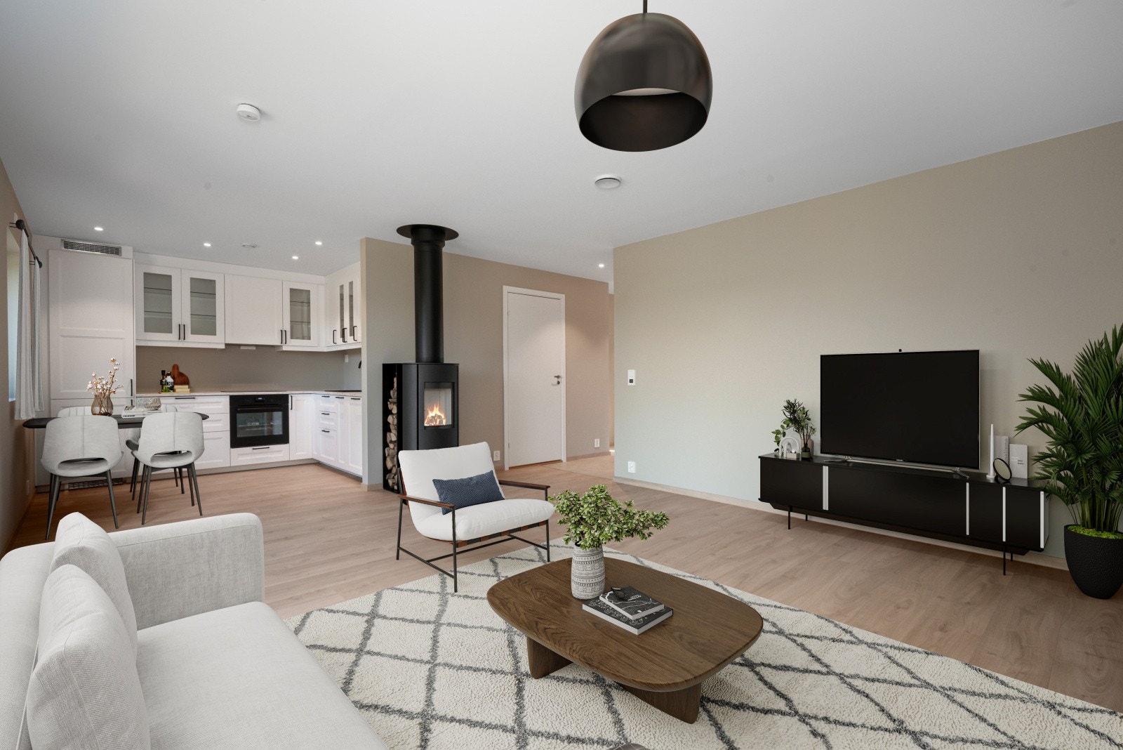 Stue/kjøkken er levert med sparklet og malt gips på vegger og i tak, samt høytrykkslaminat på gulv. Galleribilde