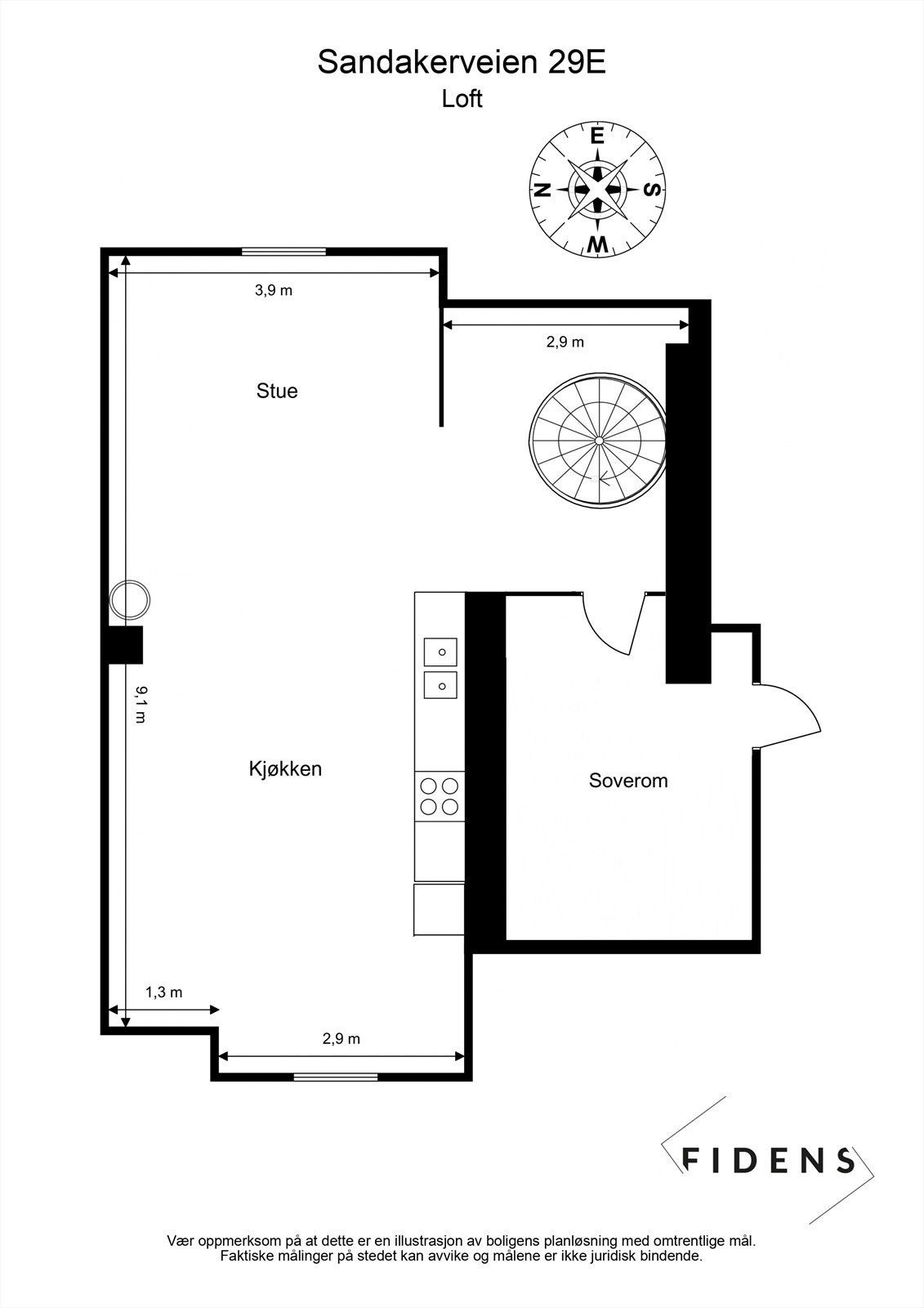 Alternativ planløsning hvor kjøkkenet er flyttet ut i stuen for å danne soverom nr. 3. Dette kun ment som inspirasjon. Kjøper er selv ansvarlig for utføring og risiko forbundet med eventuell omgjøring. Ta kontakt med megler. Galleribilde