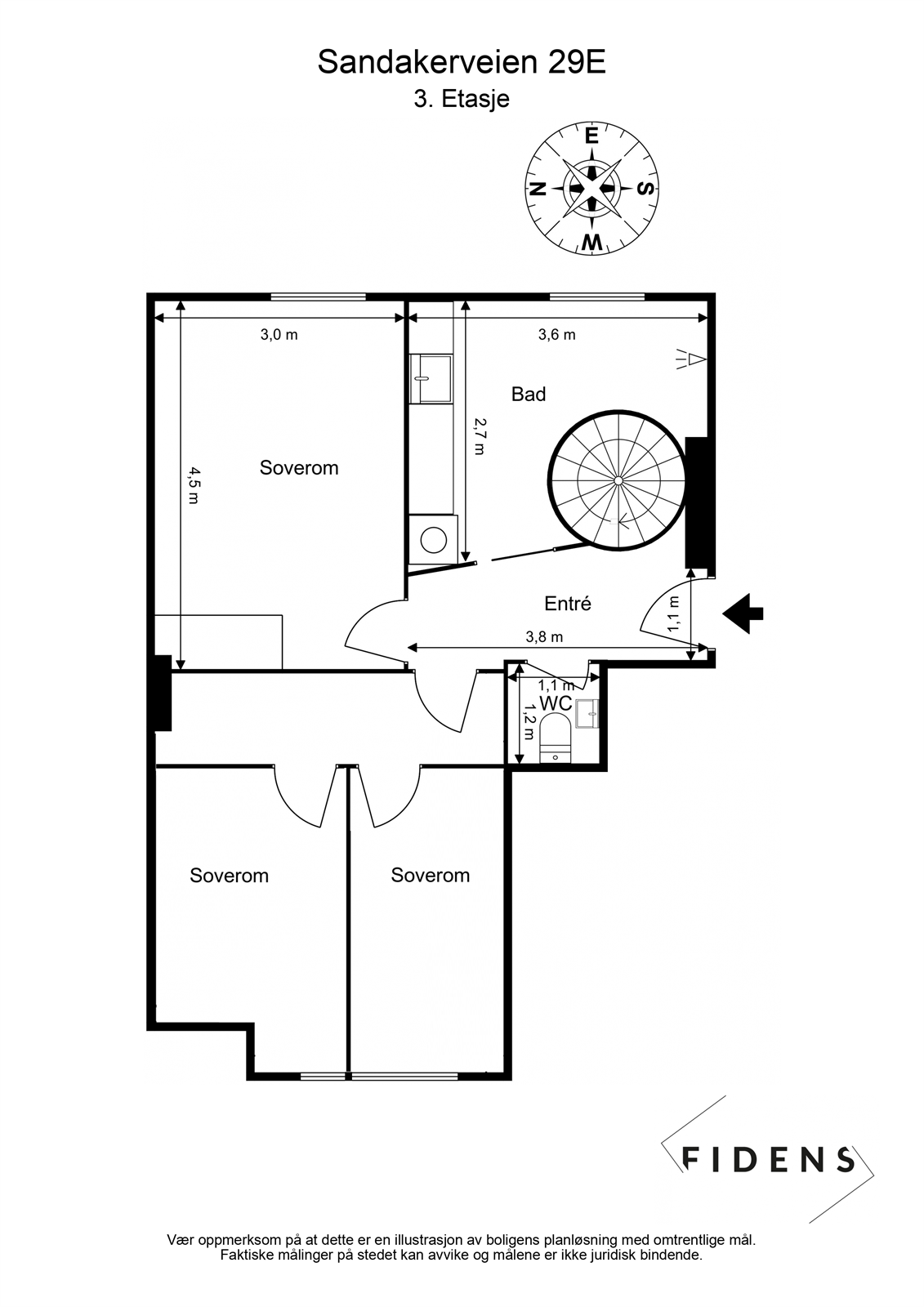 Alternativ planløsning hvor dagens romslige hovedsoverom er delt inn i to mindre soverom. Dette kun ment som inspirasjon. Kjøper er selv ansvarlig for utføring og risiko forbundet med eventuell omgjøring. Ta kontakt med megler. Galleribilde