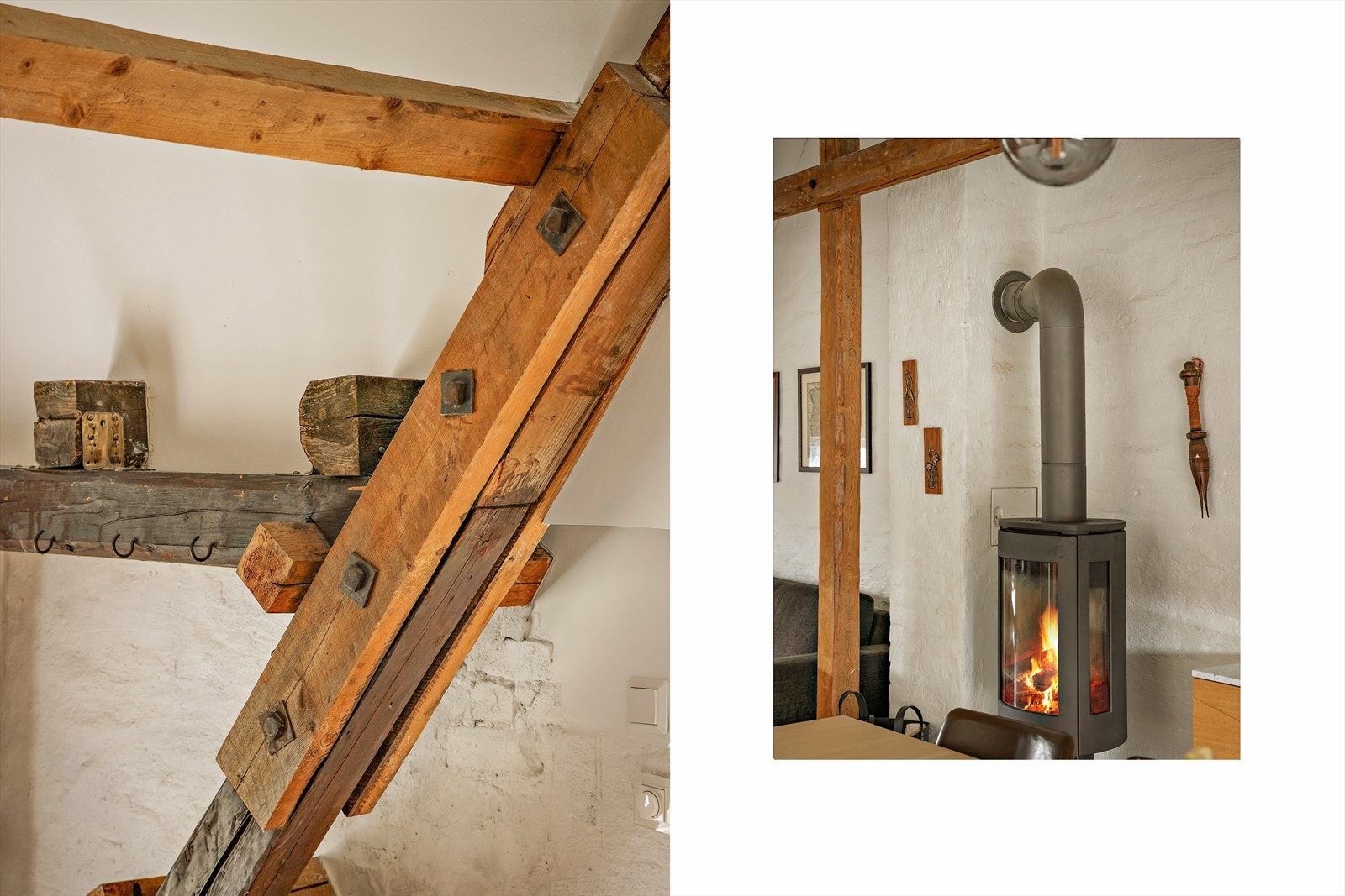 Midt i rommet er en stilfull vedovn som ikke bare gir ekstra varme, men også skaper en lun og koselig stemning Galleribilde