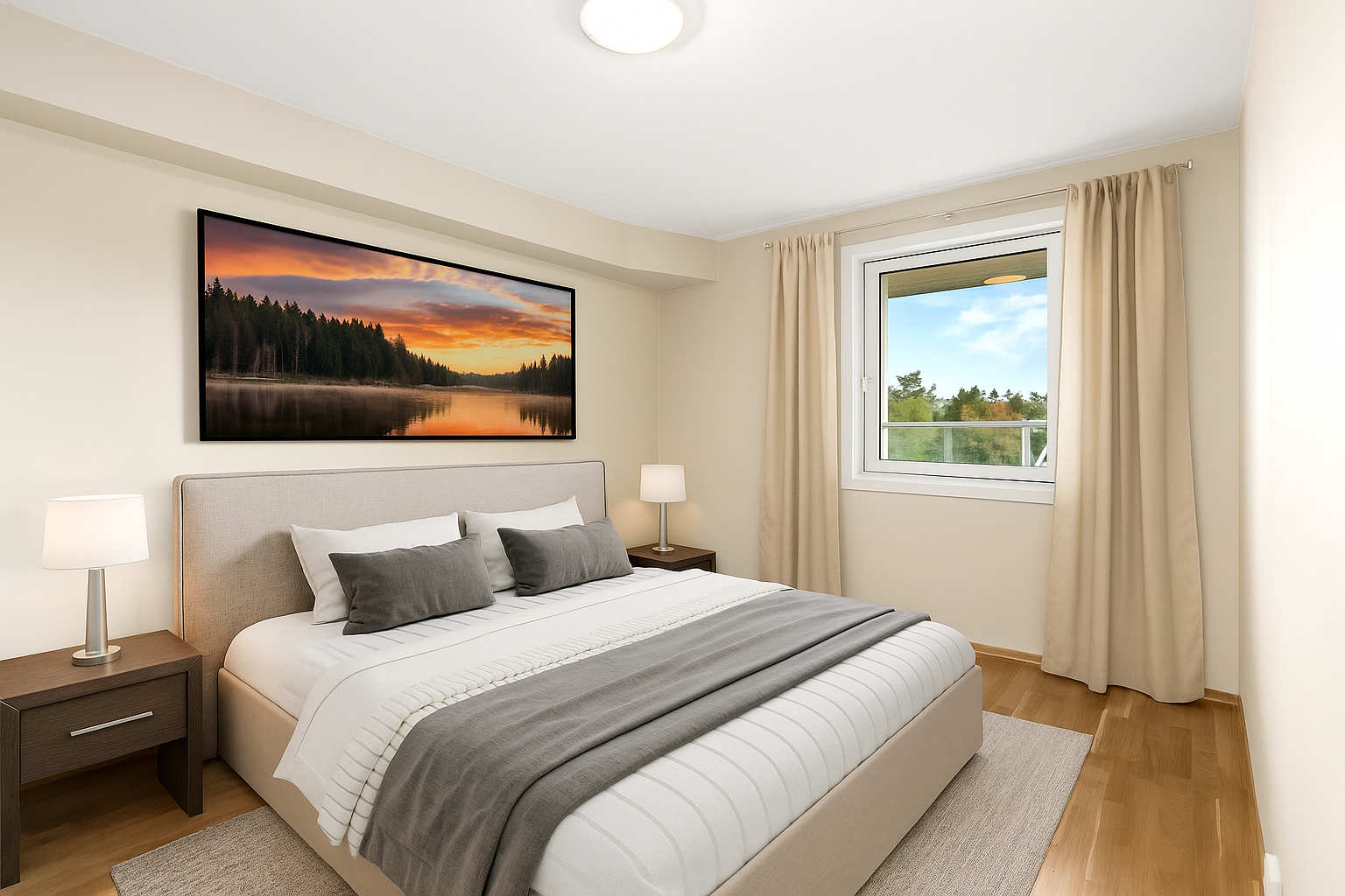 Stort, lyst soverom. Bildet er digitalt stylet. Galleribilde