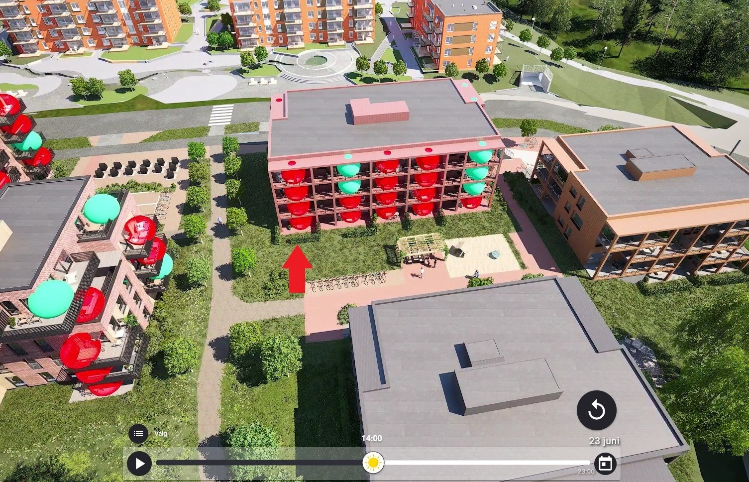 Kunstnerisk illustrasjon. Viser leilighetens plassering. Bilde lånt av Selvaag Bolig. Galleribilde