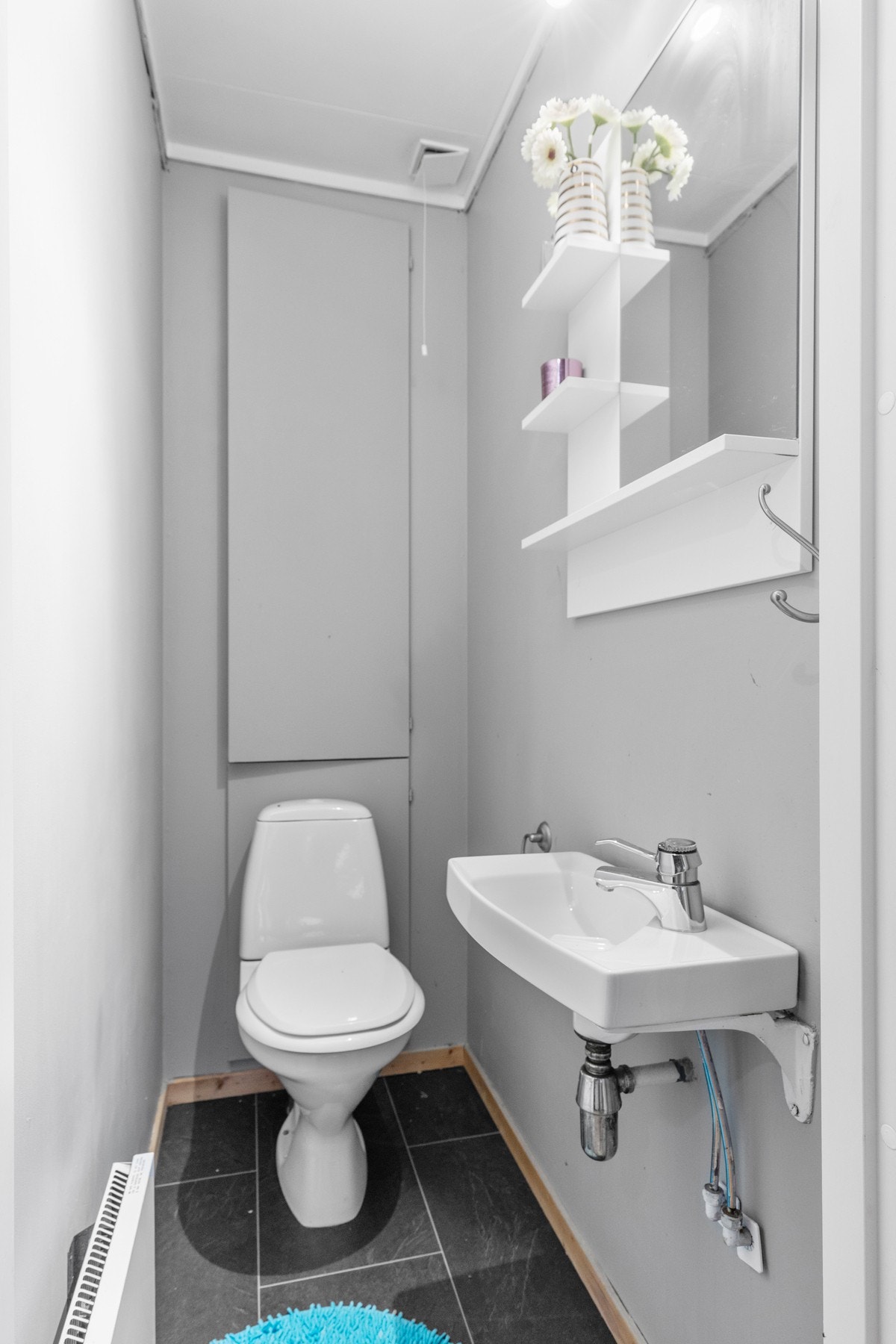 Toalettrom utstyrt med wc, servant, naturlig avtrekk og sikringsskap. Galleribilde