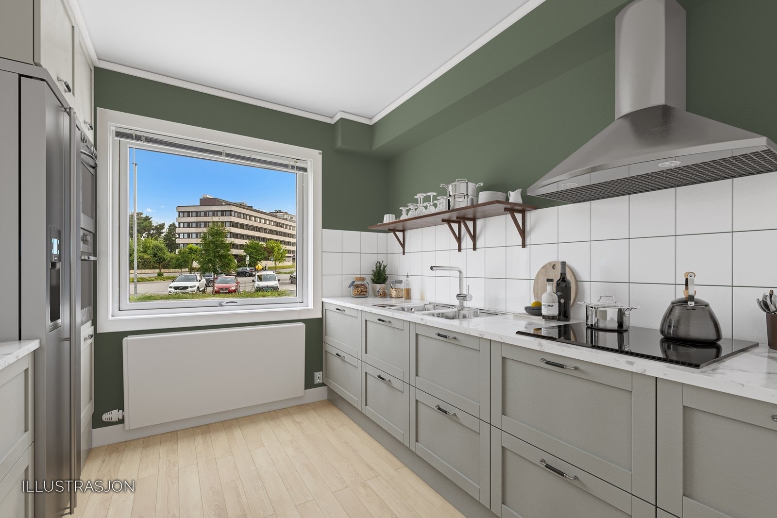 Kjøkkenet har eldre innredning, men bildet illisterer muligheter til å sette inn ny innredning (digital møblering) Galleribilde