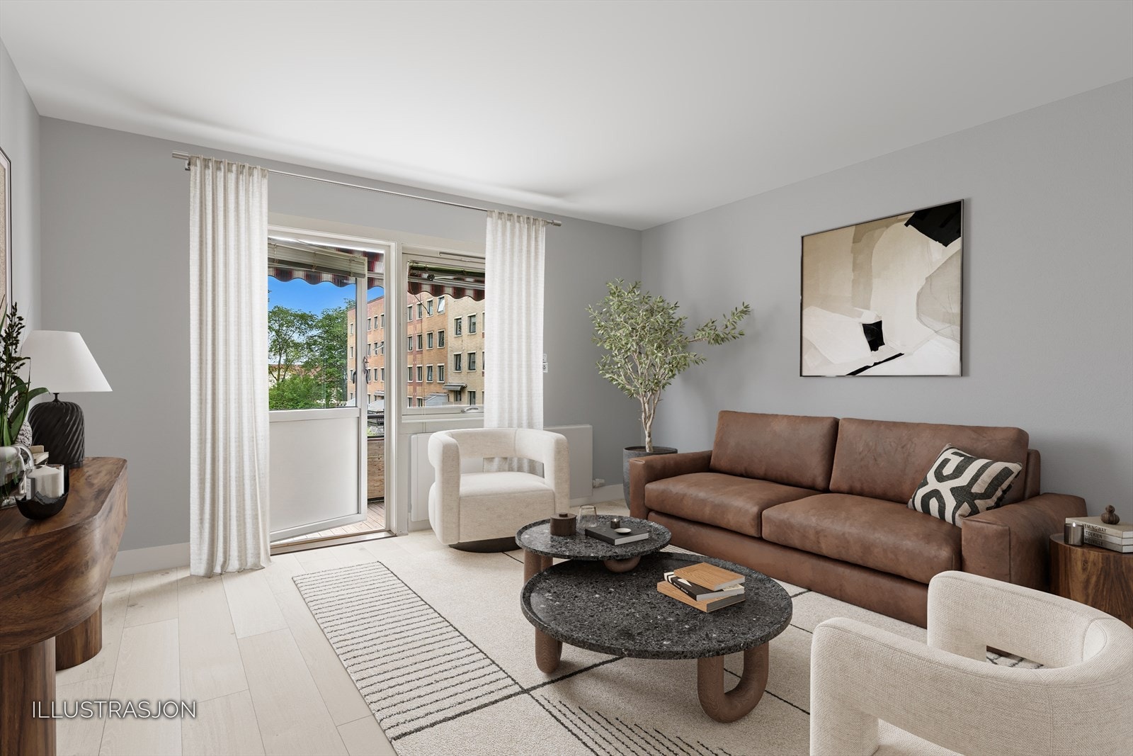 Stuen har god plass til møblering samt utgang til balkong (digital møblering) Galleribilde