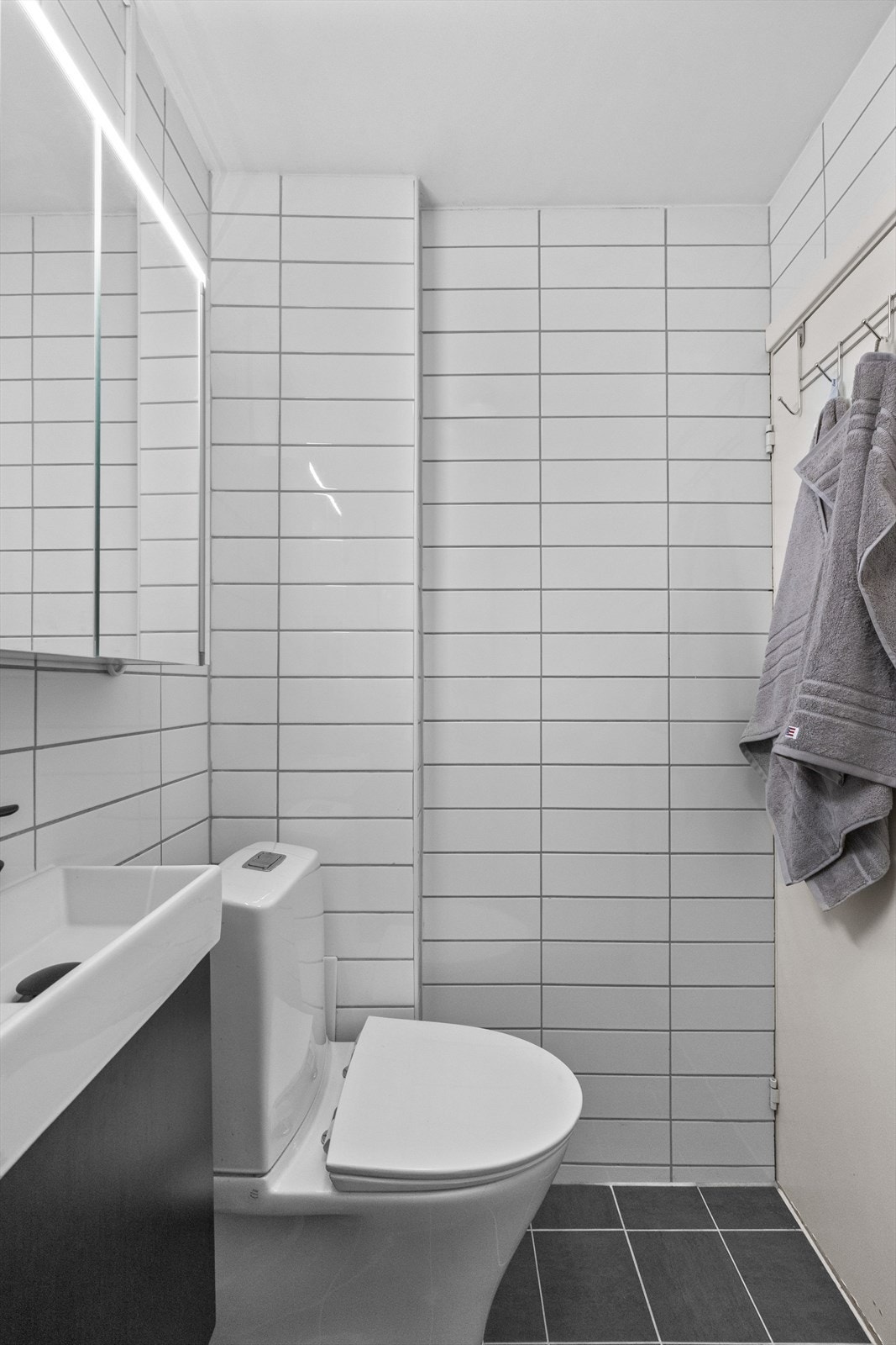 Badet er innredet med servantskap, speilskap, toalett og dusjhjørne med glassdører Galleribilde