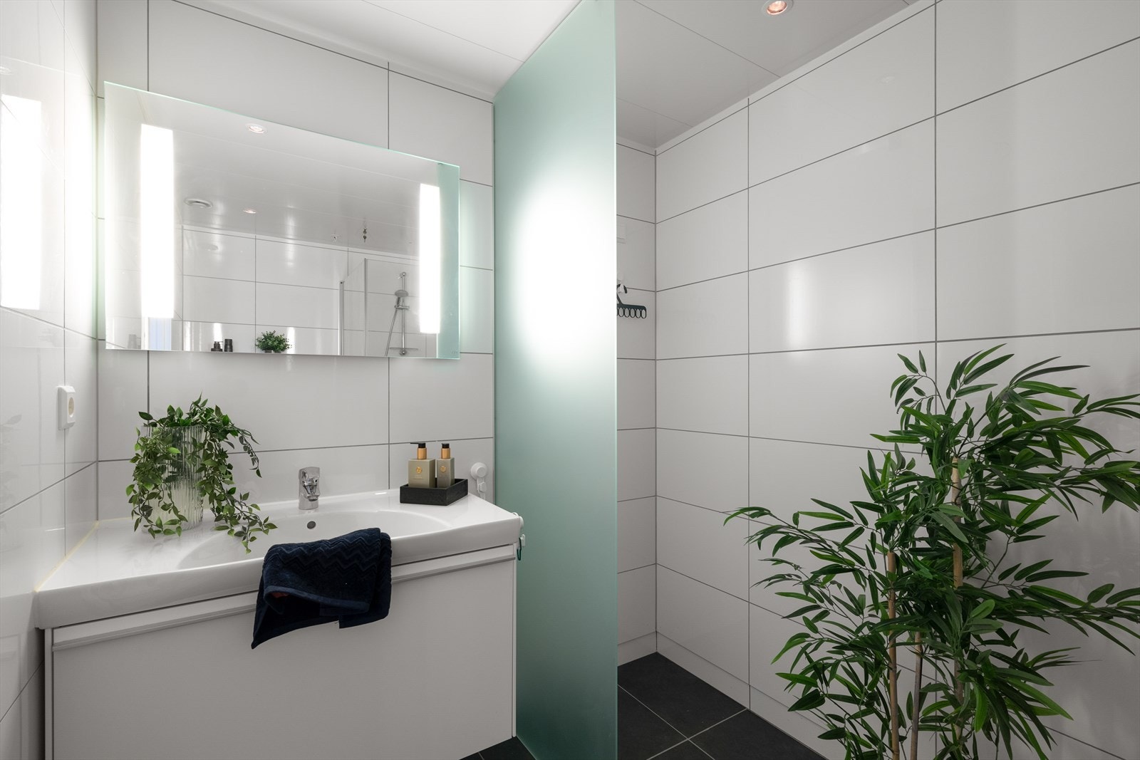 Badet er innredet med vask i seksjon med skapplass, stort dusjhjørne, vegghengt toalett og opplegg for vaskemaskin og tørketrommel bak en frostet glassvegg. Galleribilde