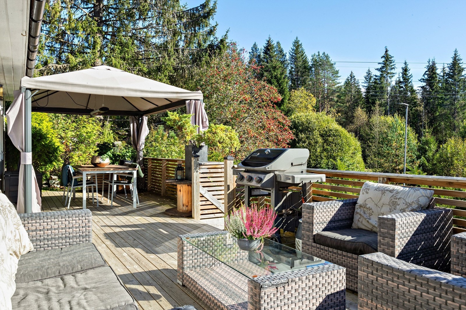 Solrik terrasse med gode innredningsmuliger - utgang fra stue/spisestue Galleribilde